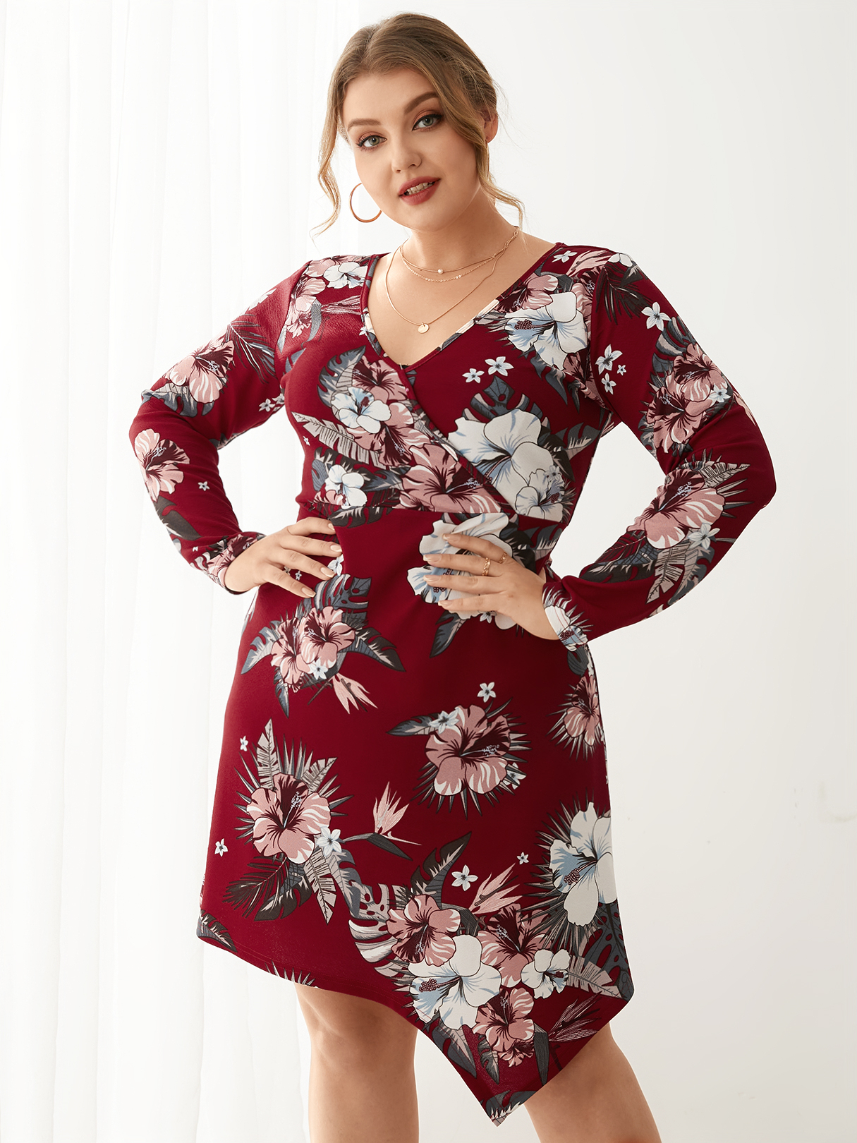 YOINS Plus Größe V-Ausschnitt Blumendruck Wickeldesign Lange Ärmel Kleid günstig online kaufen