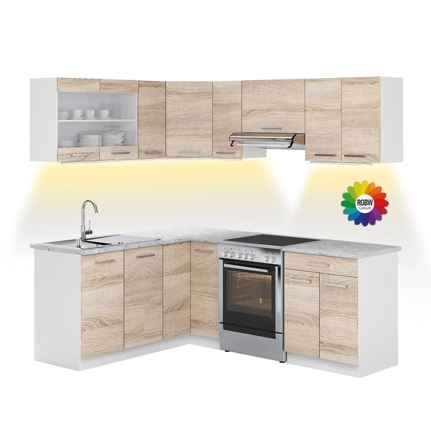 Vicco Rick Eckküche Weiß/Sonoma 207 cm AP Marmor mit LED-LeistenRick günstig online kaufen