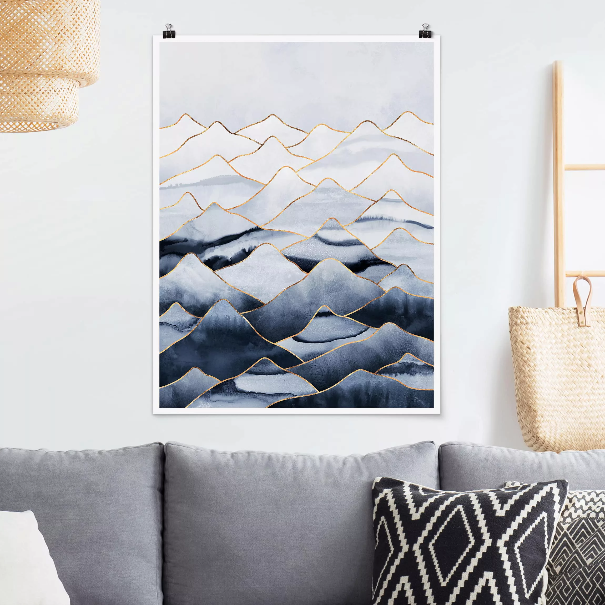 Poster Kunstdruck - Hochformat Aquarell Berge Weiß Gold günstig online kaufen