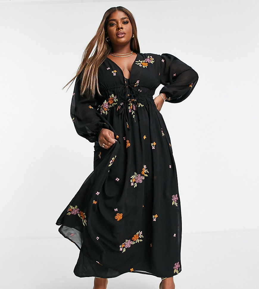 ASOS DESIGN Curve – Weiches Maxikleid in Schwarz mit durchgehender Stickere günstig online kaufen