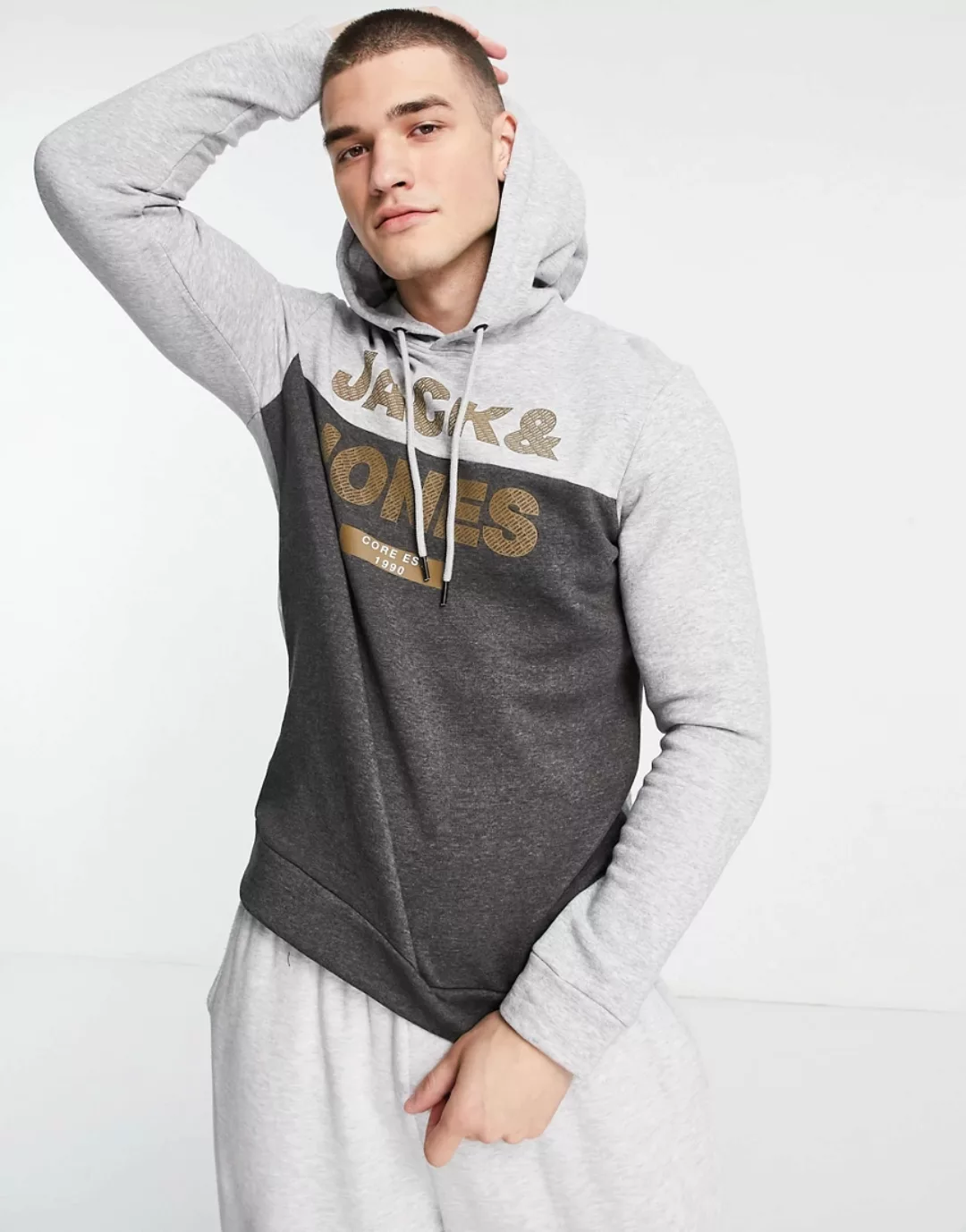 Jack & Jones – Kapuzenpullover zum Überziehen in Hellgrau mit großem Logo günstig online kaufen