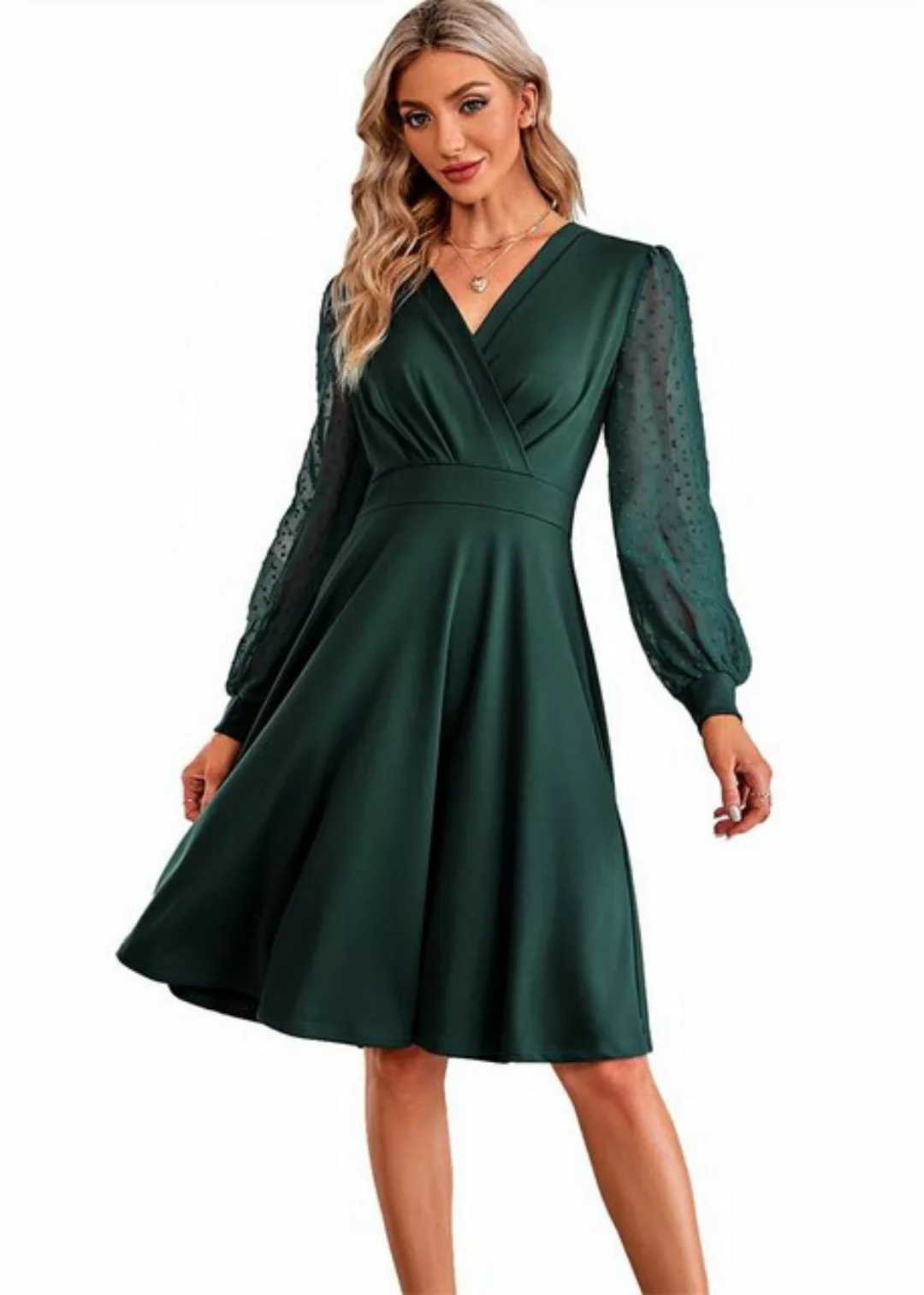 ZWY Abendkleid Einfarbiges Damenkleid mit V-Ausschnitt und Spitzenärmeln (K günstig online kaufen