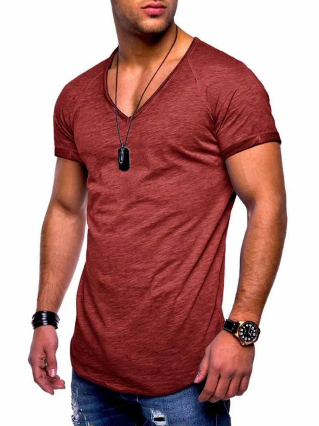 behype T-Shirt BHSOLIN Herren Basic Kurzarm V-Neck Oversized Shirt V-Aussch günstig online kaufen