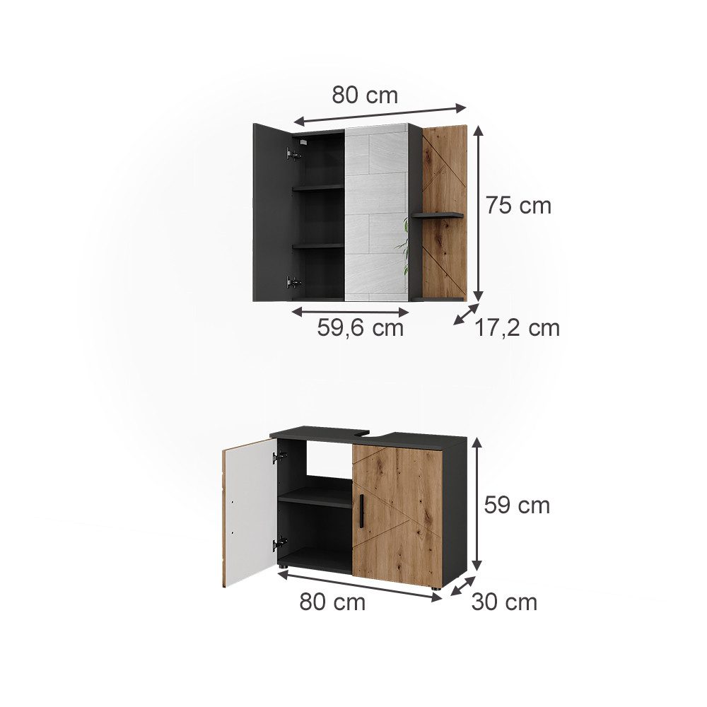 Vicco Badmöbel-Set Irma, Anthrazit/Artisan, 2 Teile, günstig online kaufen