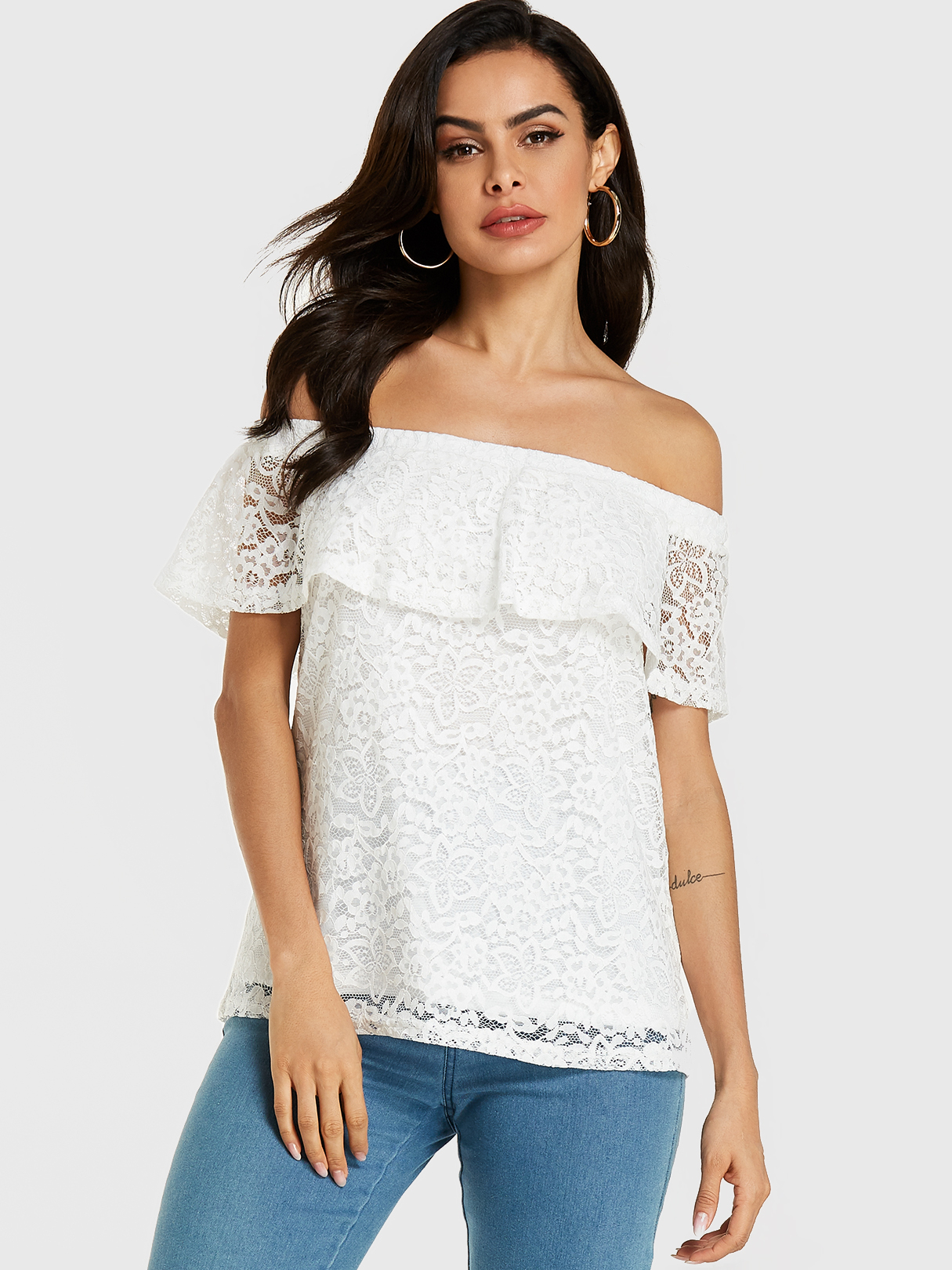 YOINS White Lace Off The Shoulder Bluse mit kurzen Ärmeln günstig online kaufen