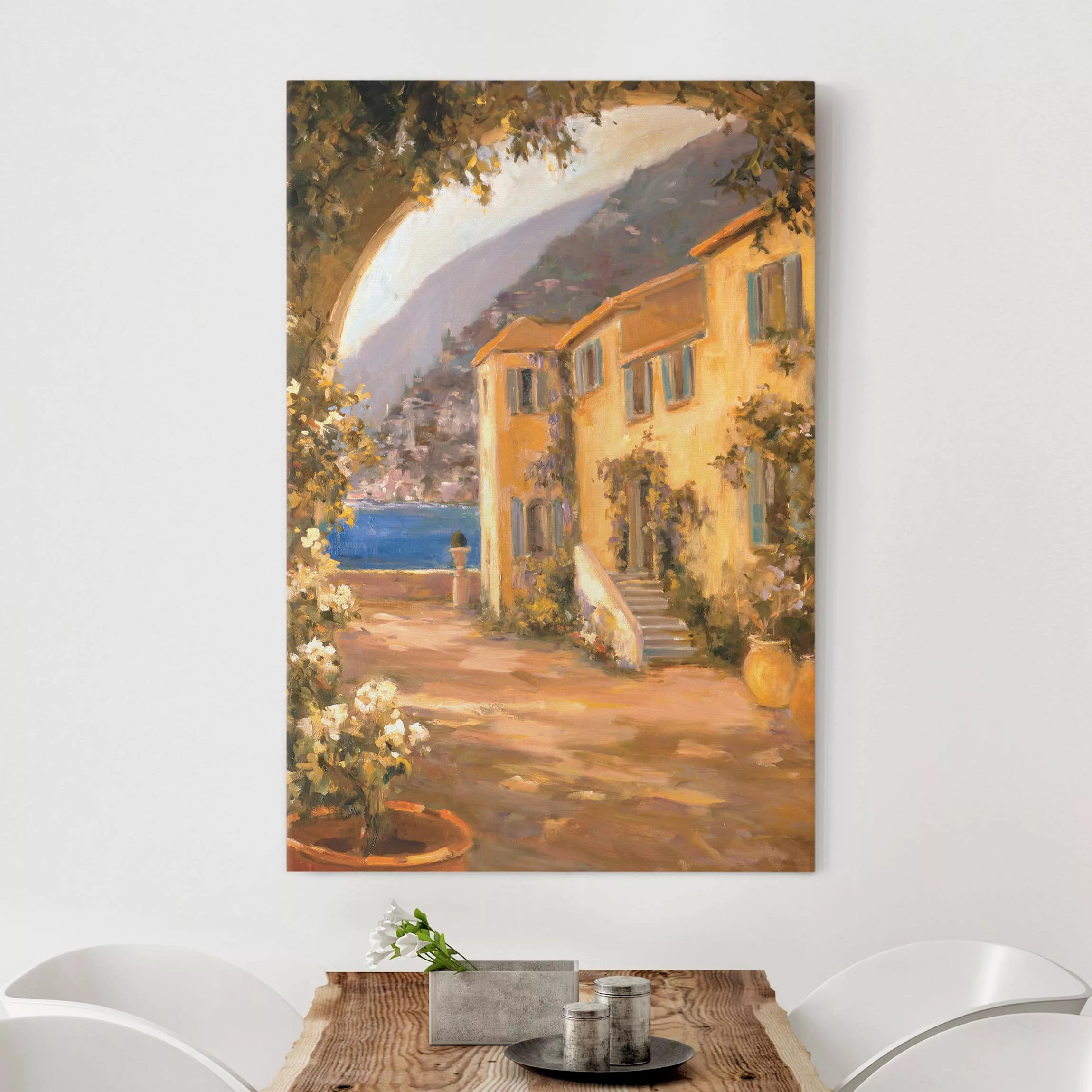 Leinwandbild - Hochformat Italienische Landschaft - Blumenbogen günstig online kaufen