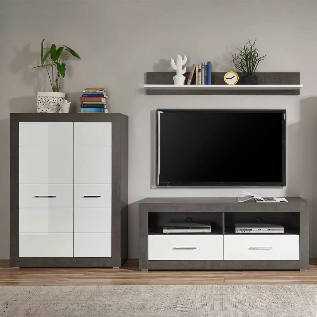 TV Wohnwand in Beton Grau und Weiß Hochglanz 250 cm breit (dreiteilig) günstig online kaufen