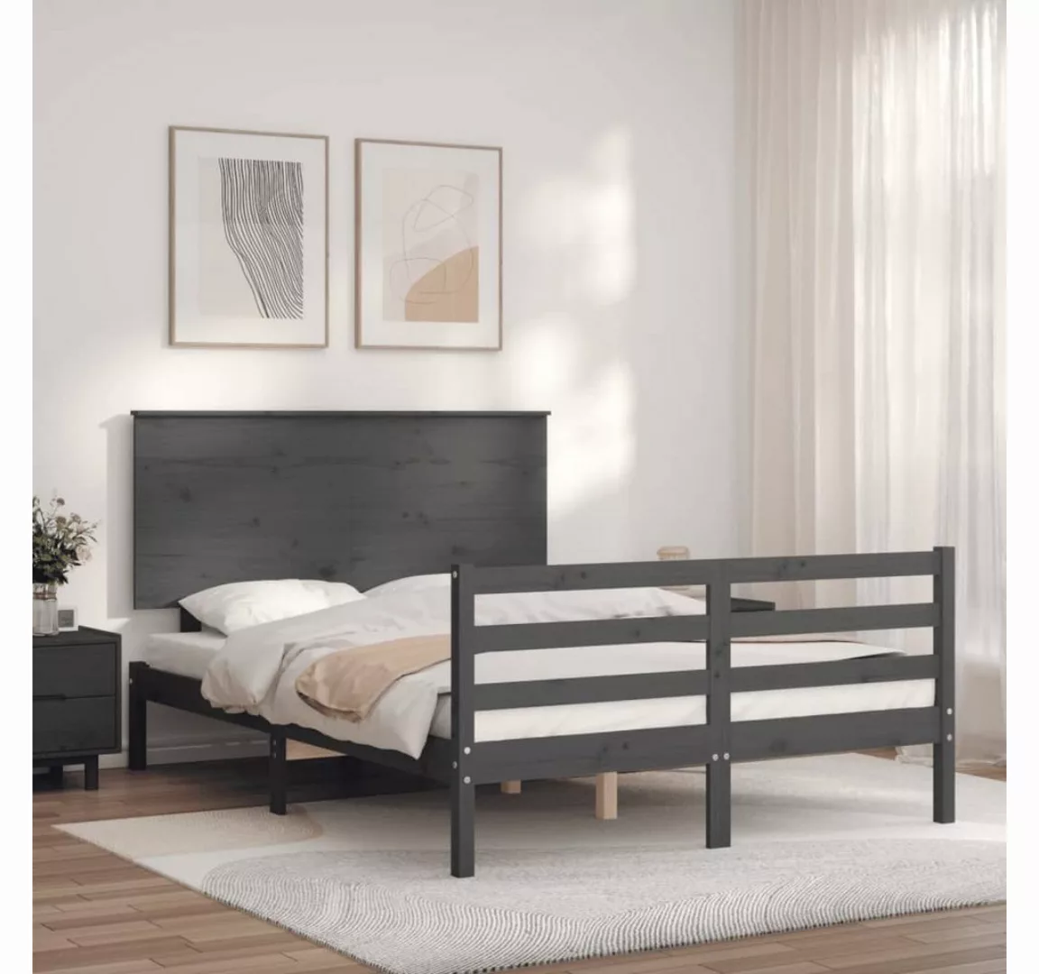 vidaXL Bett Massivholzbett mit Kopfteil Grau 140x190 cm günstig online kaufen