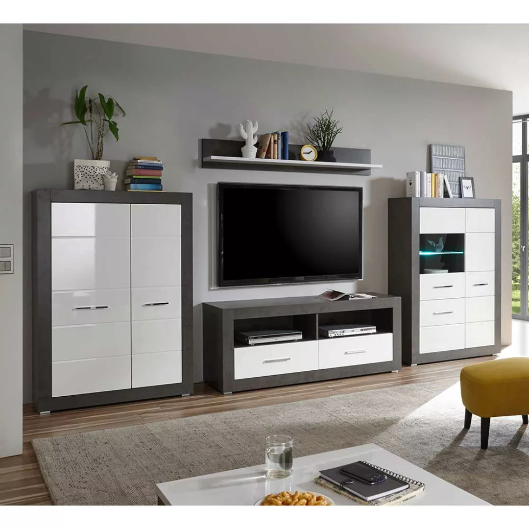 Wohnwand in Weiß Hochglanz und Beton Grau 350 cm breit (vierteilig) günstig online kaufen