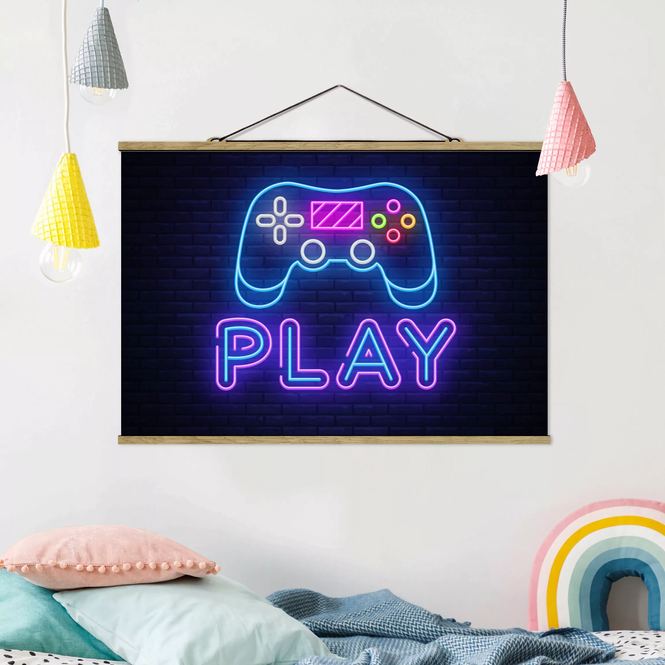 Stoffbild mit Posterleisten Neon Gaming Controller günstig online kaufen