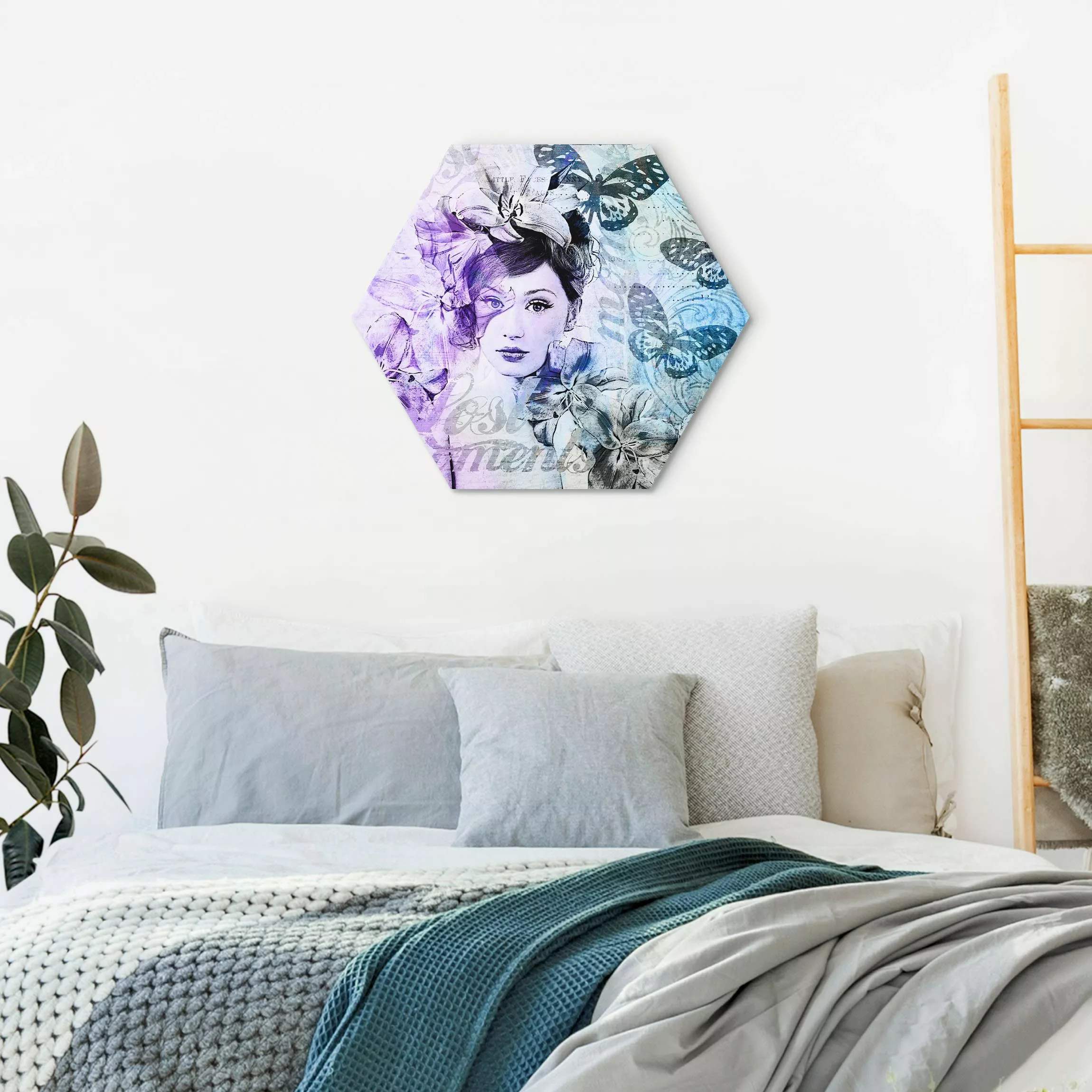 Hexagon-Alu-Dibond Bild Shabby Chic Collage - Portrait mit Schmetterlingen günstig online kaufen