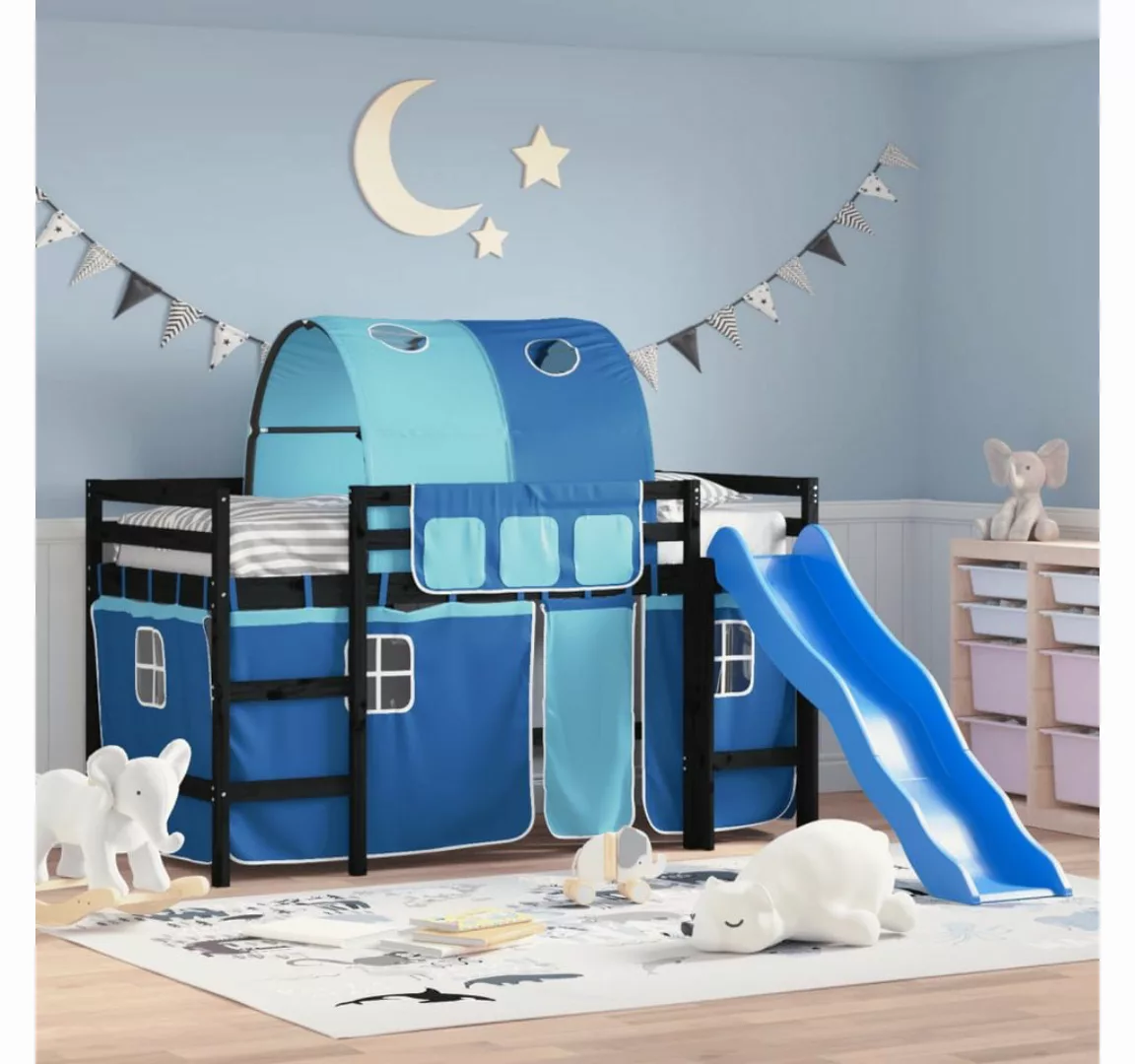 vidaXL Kinderbett Kinderhochbett mit Tunnel Blau 90x200 cm Massivholz Kiefe günstig online kaufen