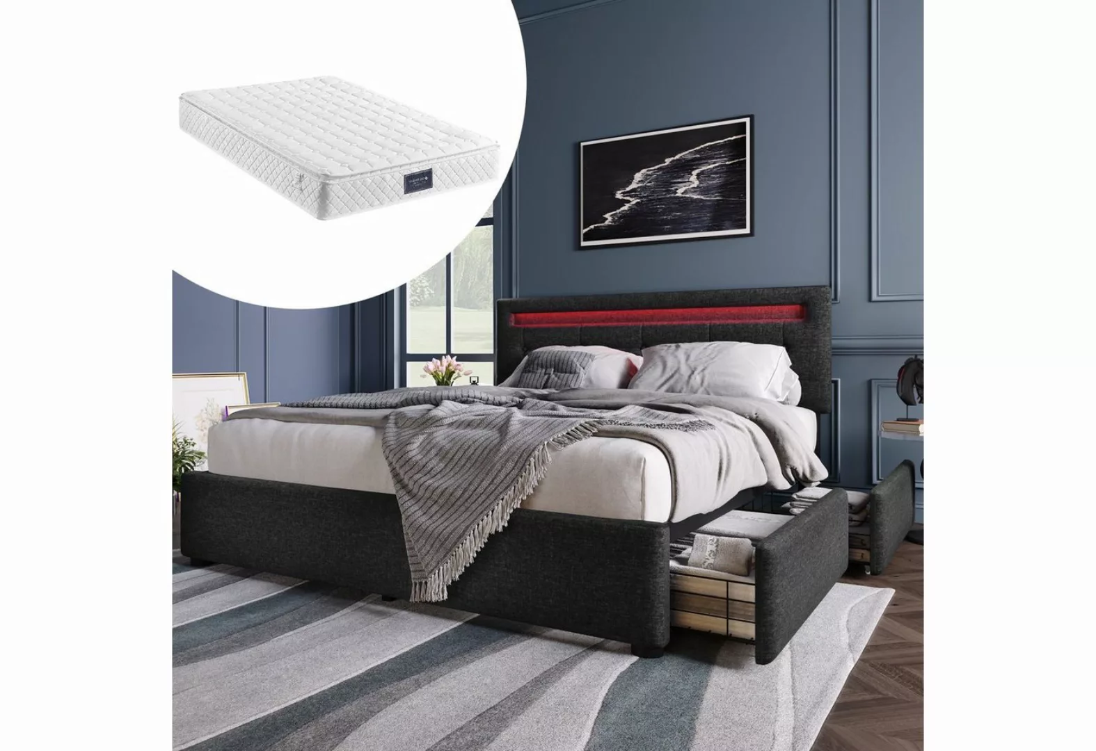 WISHDOR Polsterbett Doppelbett mit Schubladen LED Leuchte (140 x 200 Inklus günstig online kaufen