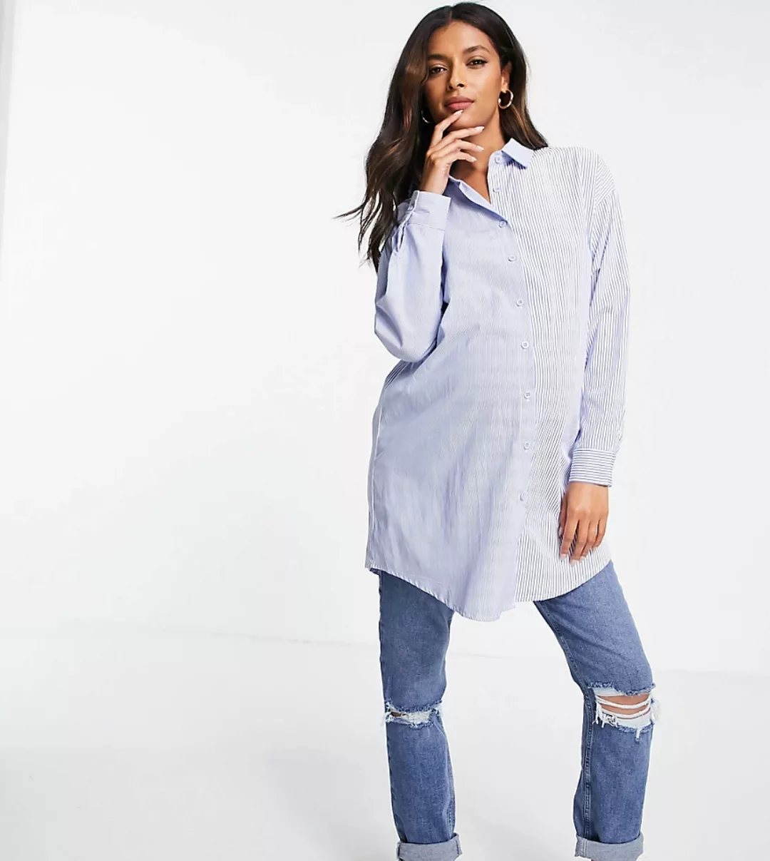 Missguided Maternity – Popeline-Hemd in Blau mit zweigeteiltem Streifendesi günstig online kaufen