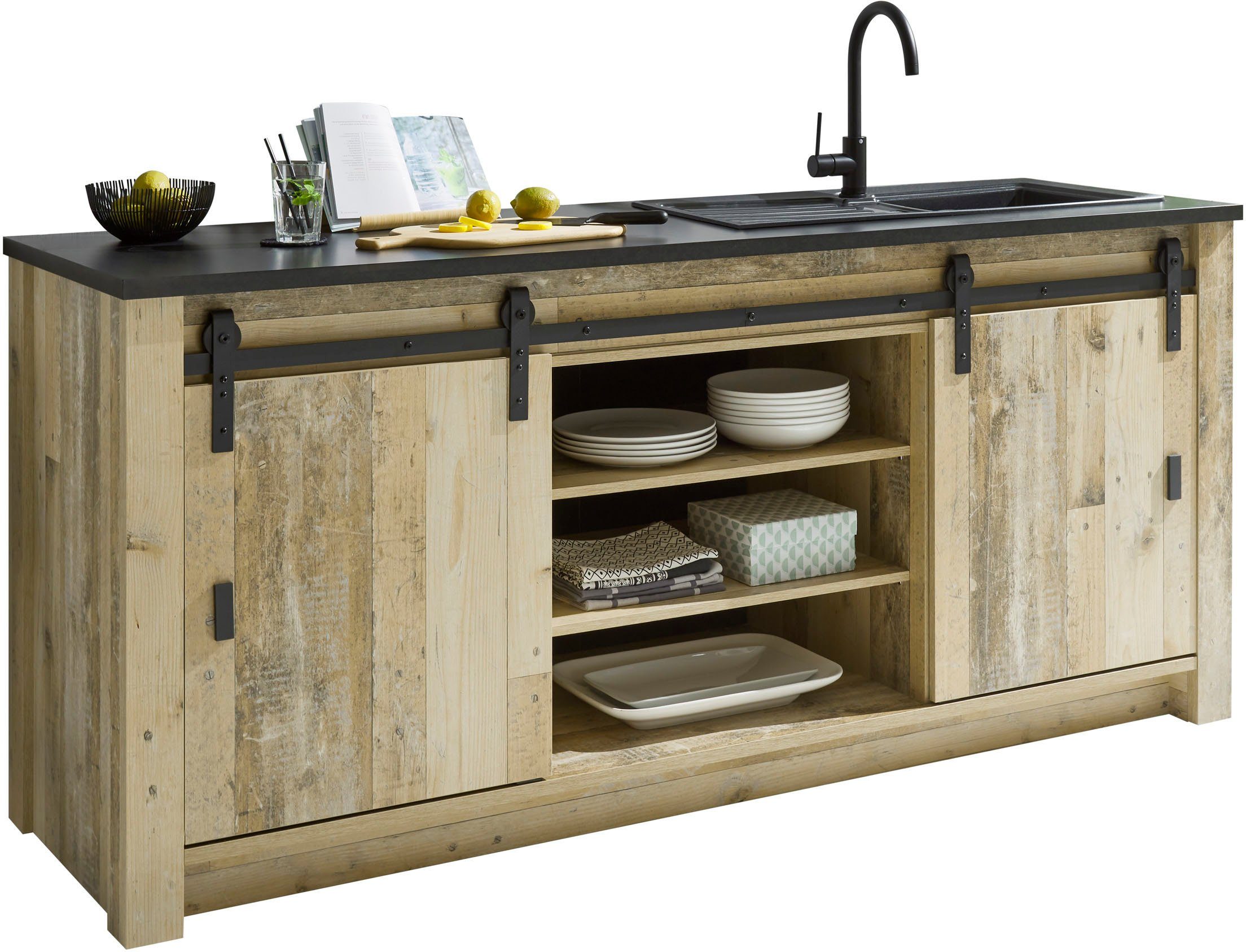 Home affaire Spülenschrank "Sherwood", Breite 201 cm, mit Scheunentorbeschl günstig online kaufen