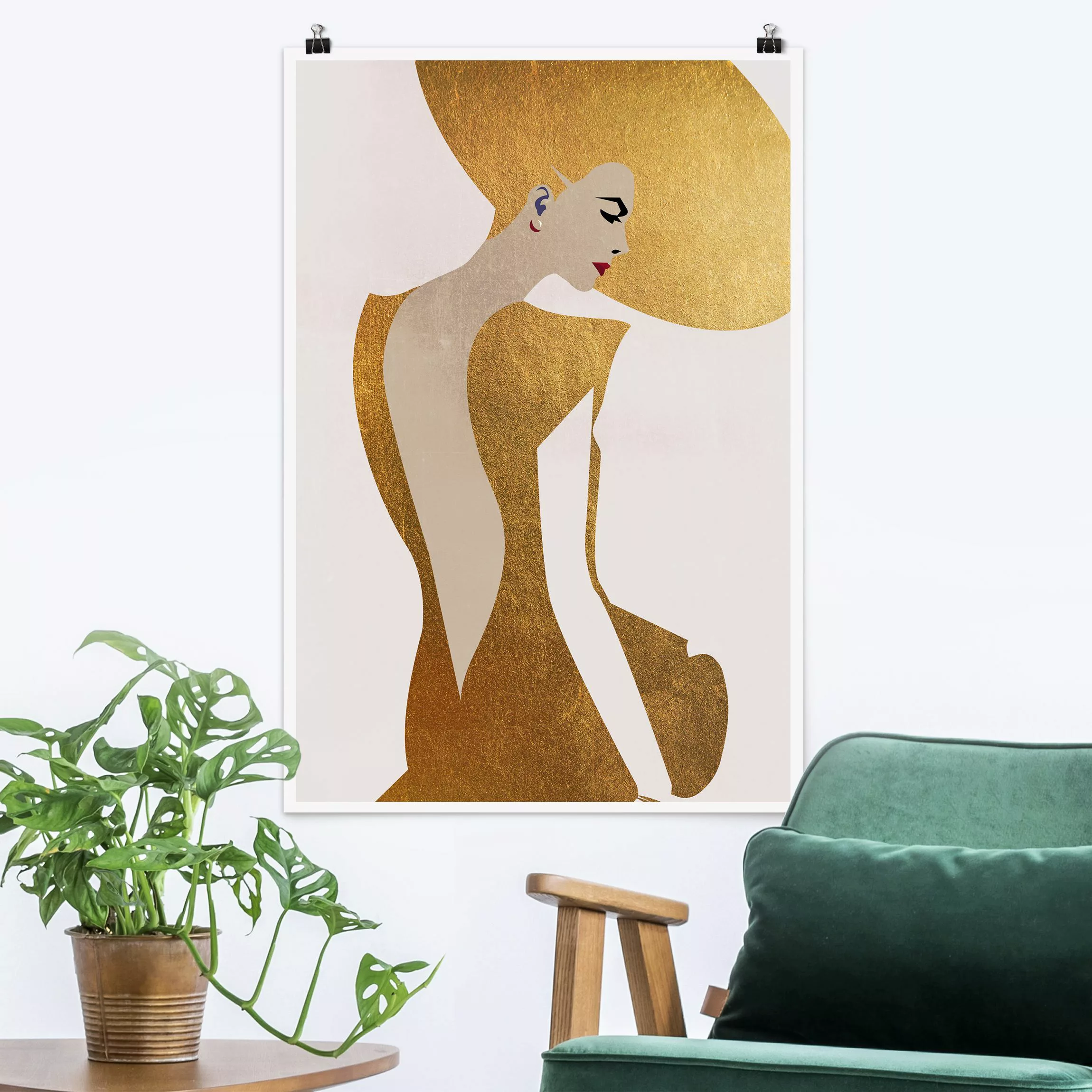 Poster Dame mit Hut in Gold günstig online kaufen