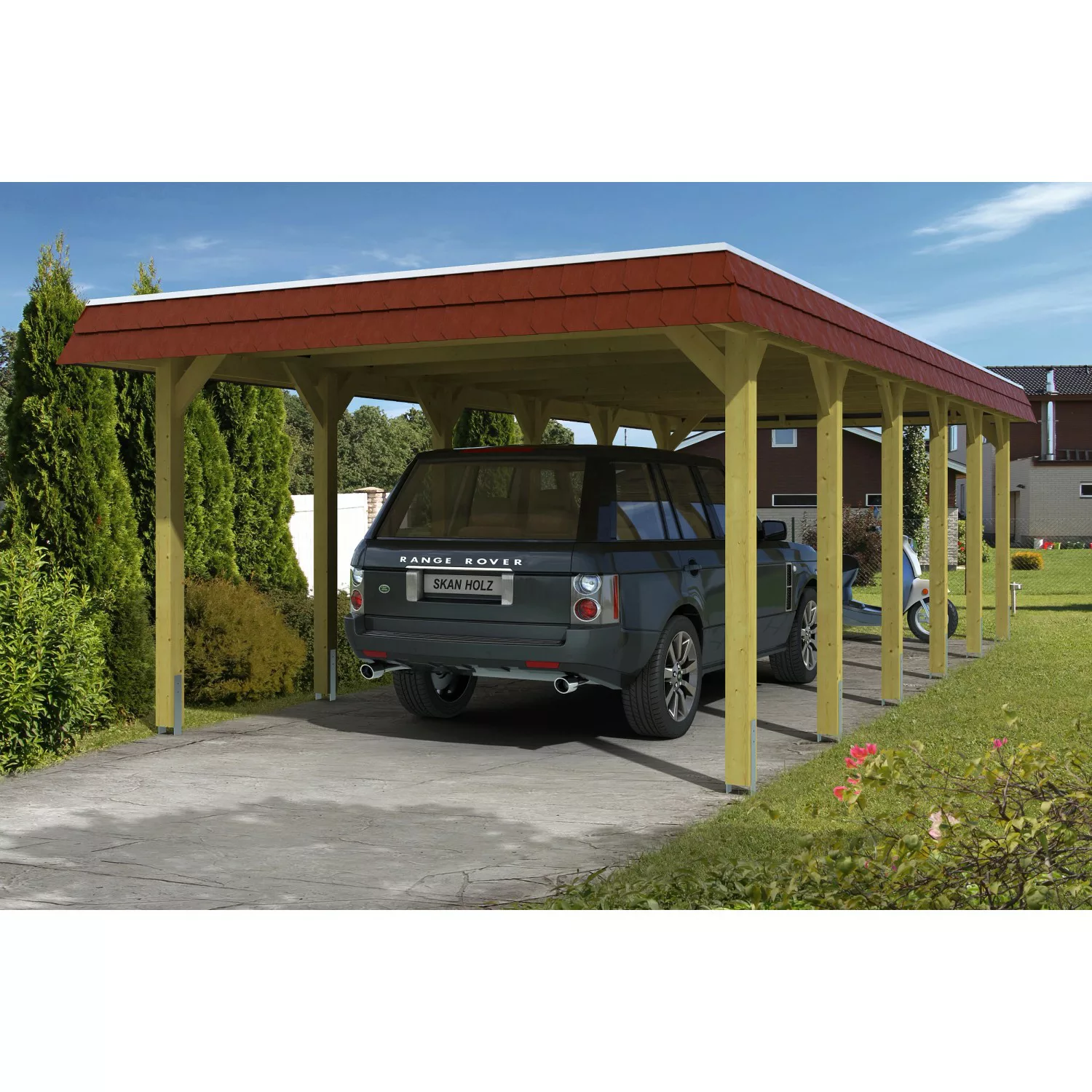 Skan Holz Carport Spreewald 396 cm x 893 cm rote Blende günstig online kaufen