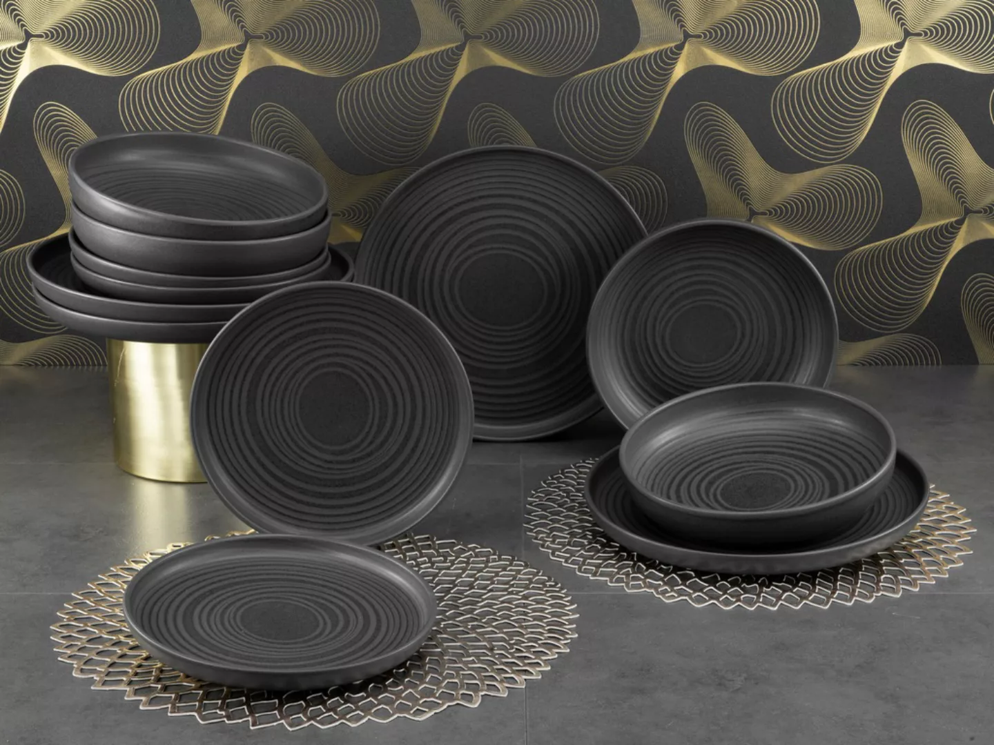 CreaTable Tafelservice Uno Black Lava Stone schwarz Steinzeug 12 tlg. günstig online kaufen