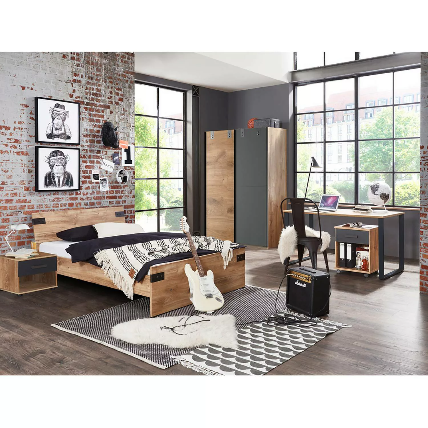 Jugendzimmer Set mit Bett 140cm Nachtkonsole Schwebetüren Kleiderschrank EV günstig online kaufen