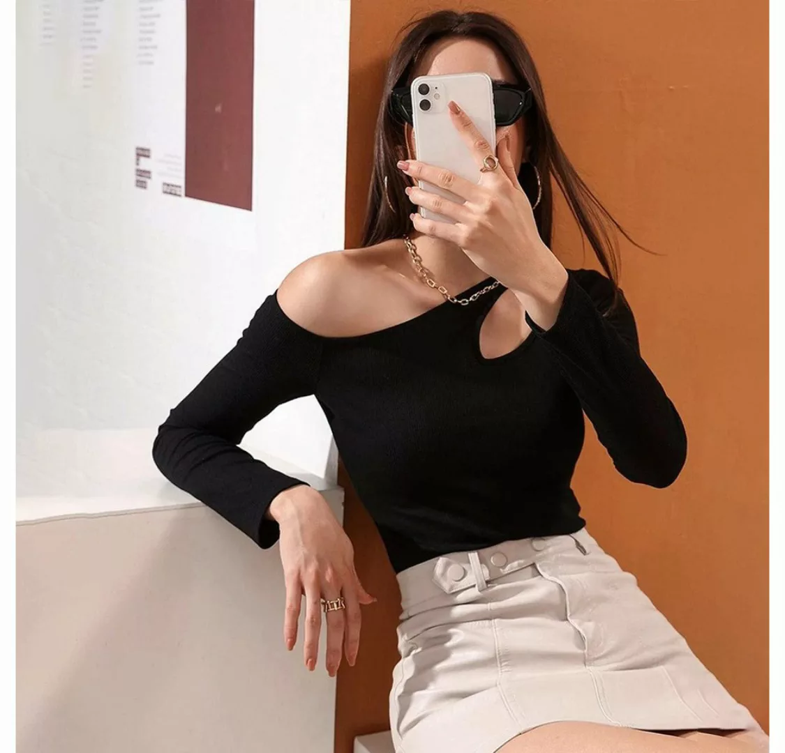 RUZU UG Blusentop Hemdbluse Sexy Hohle Taille langärmeliges Damen-T-Shirt-O günstig online kaufen