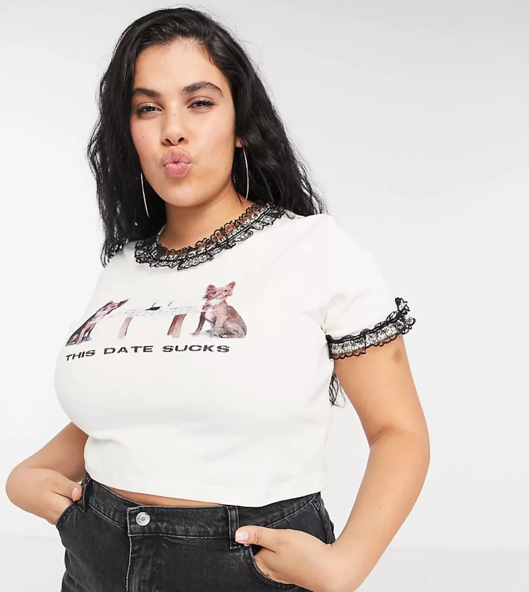 New Girl Order Curve – Enges T-Shirt mit Spitzenbesatz und Grafik-Weiß günstig online kaufen