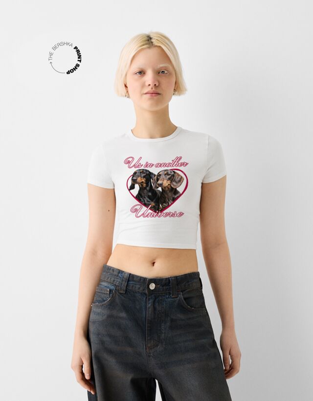 Bershka T-Shirt Mit Print Damen Xl Grbrochenes Weiss günstig online kaufen