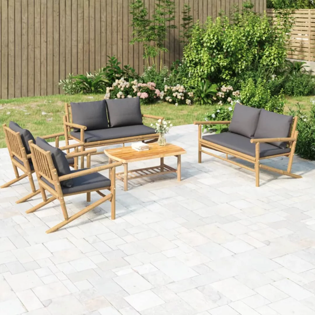 Vidaxl 5-tlg. Garten-lounge-set Mit Dunkelgrauen Kissen Bambus günstig online kaufen