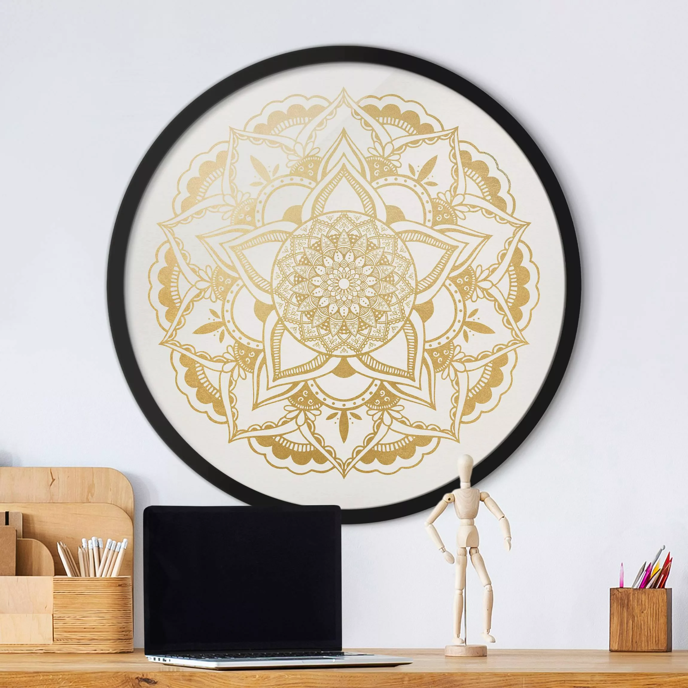 Rundes Gerahmtes Bild Mandala Blume gold weiß günstig online kaufen