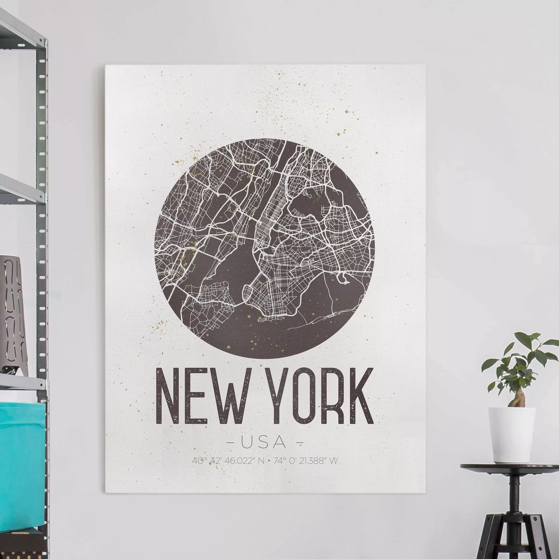 Leinwandbild Schwarz-Weiß - Hochformat Stadtplan New York - Retro günstig online kaufen