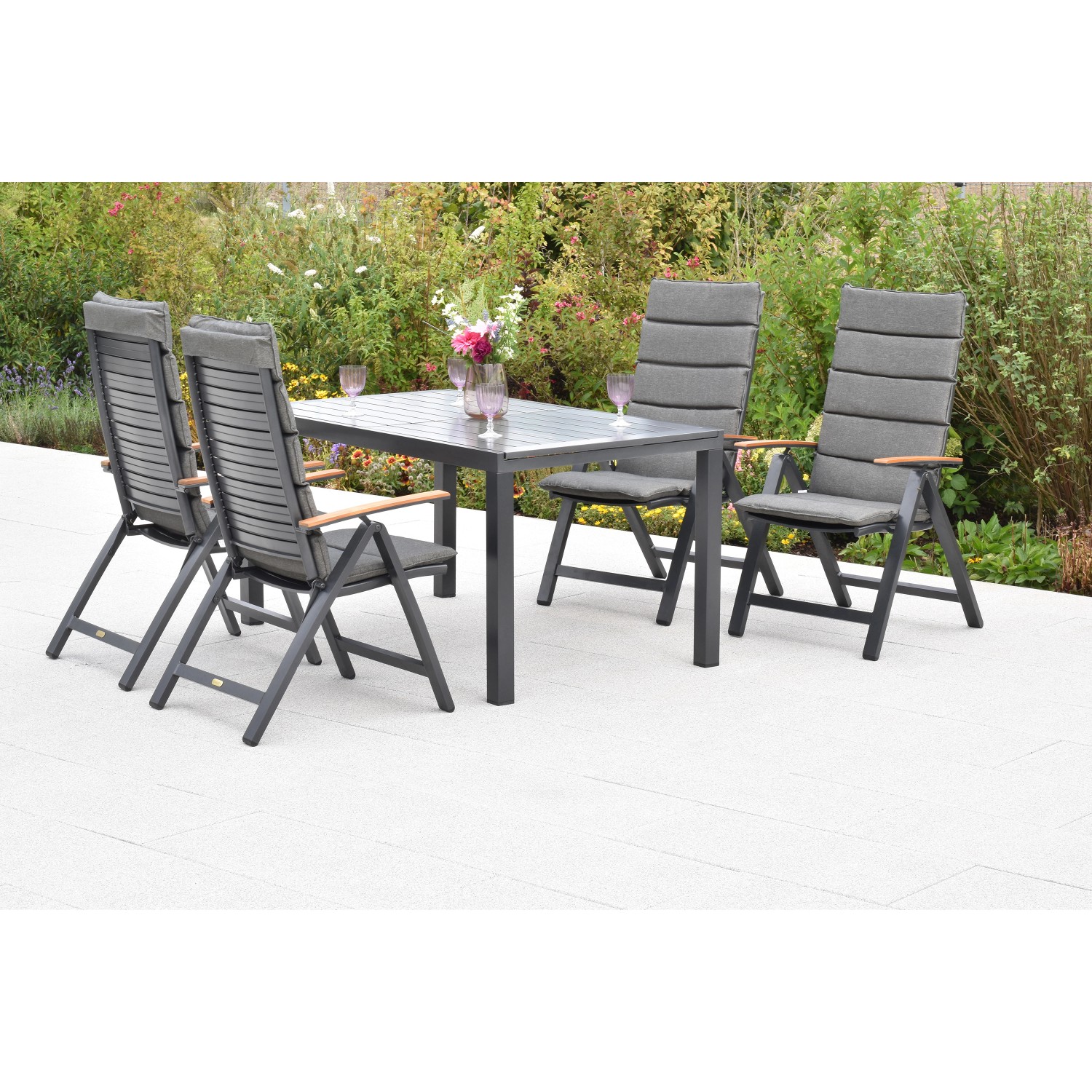 Merxx Astros Set 9-tlg. 4 Klappsessel 4 Auflagen Gartentisch 150(200)x90 cm günstig online kaufen