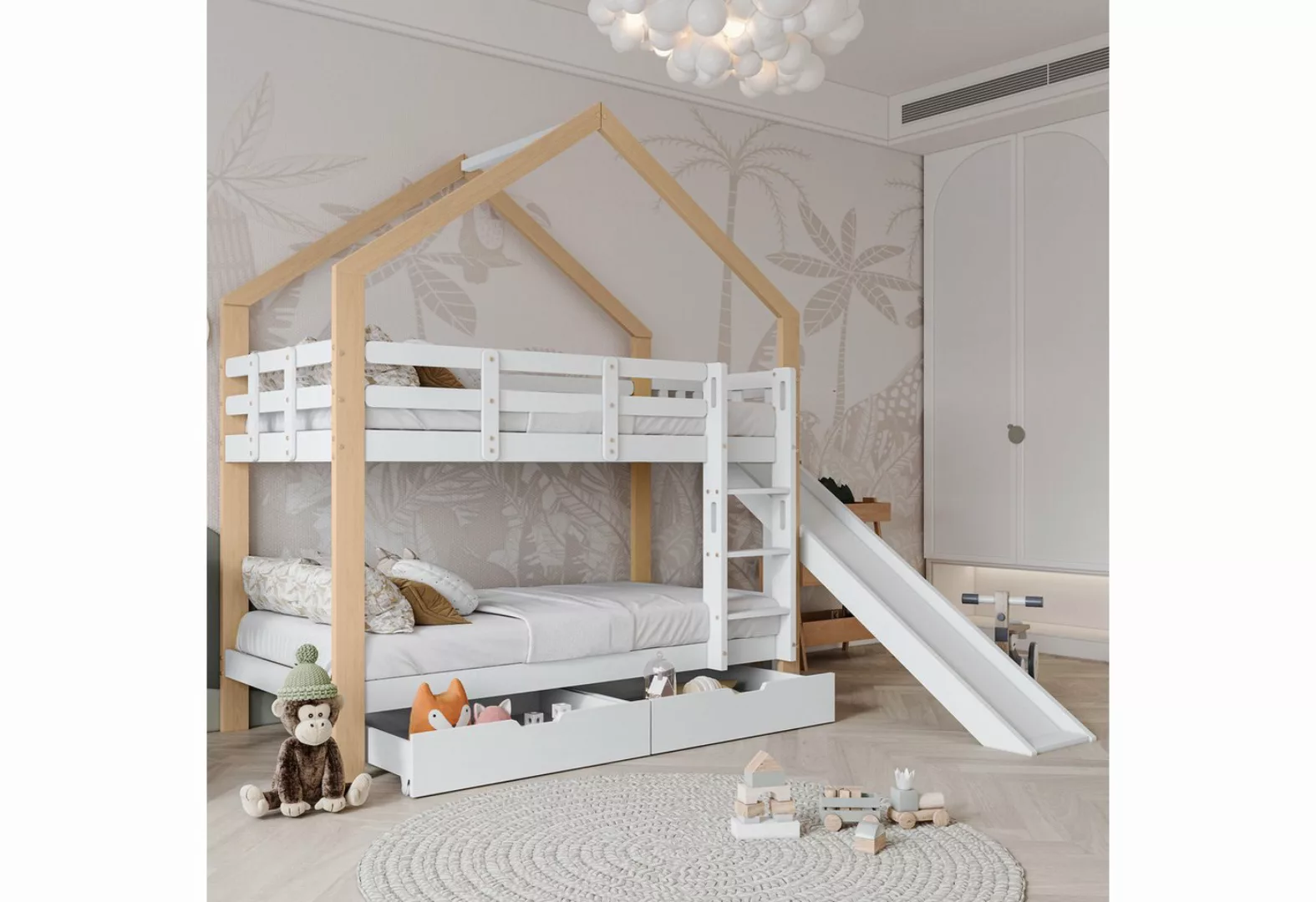 OKWISH Etagenbett Kinderbett Holzbett Hausbett (mit Rutsche und dreistufige günstig online kaufen