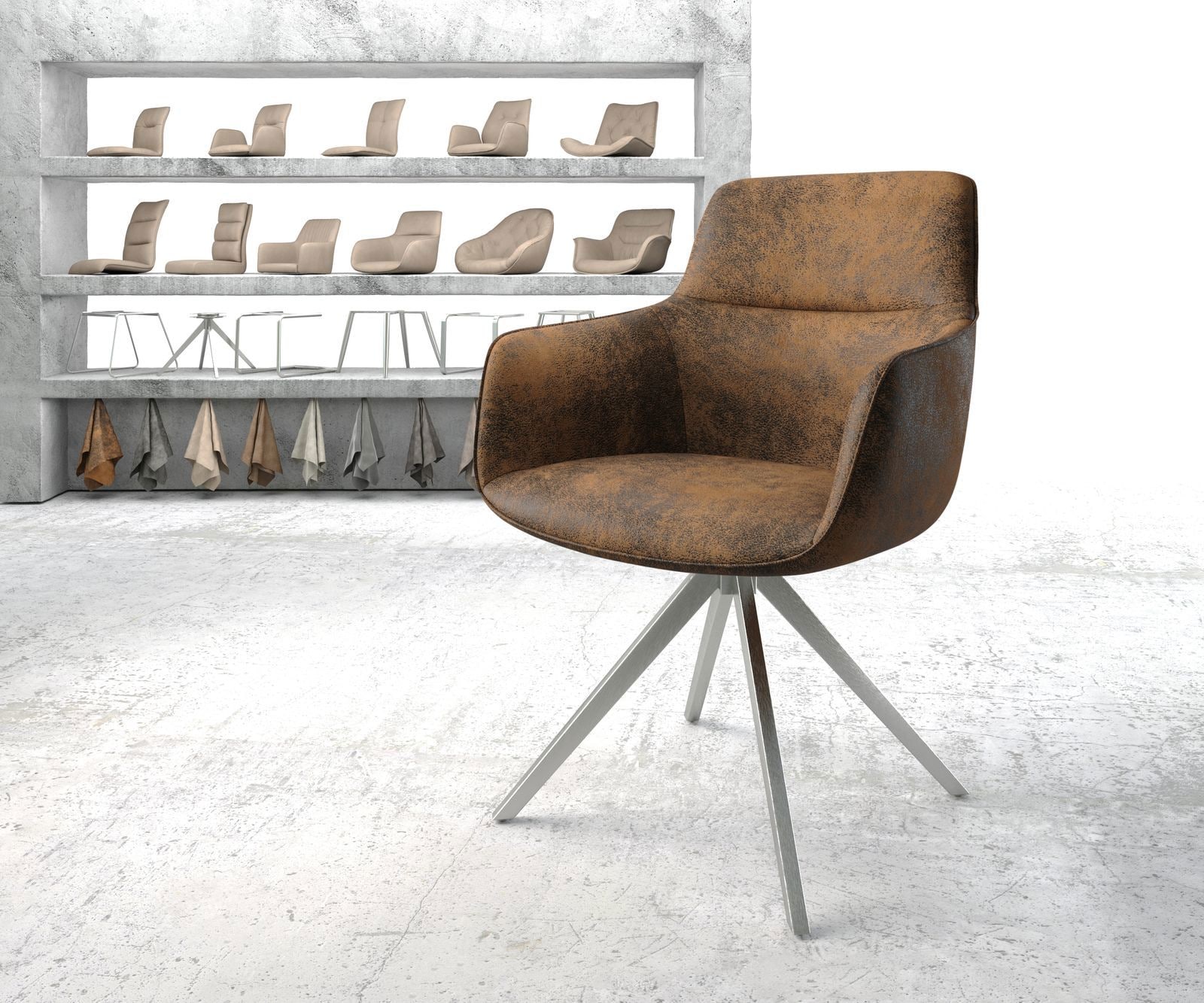 Drehstuhl Pejo-Flex Braun Antik Kreuzgestell kantig Edelstahl 180° drehbar günstig online kaufen