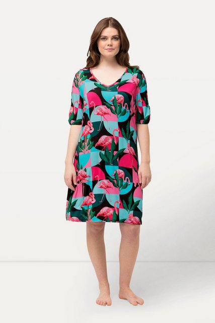 Ulla Popken Sommerkleid Jerseykleid Flamingos A-Linie V-Ausschnitt Halbarm günstig online kaufen