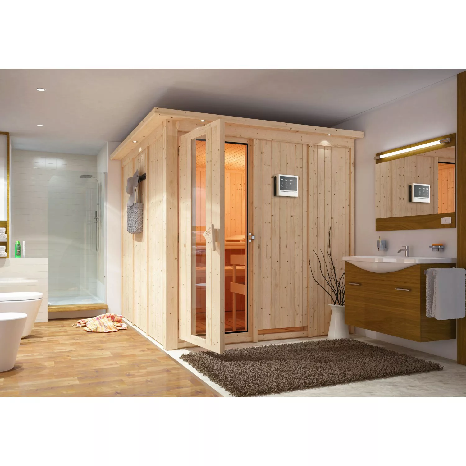Karibu Sauna Rikka mit Ofen externe Stg.LED-Dachkranz Natur günstig online kaufen
