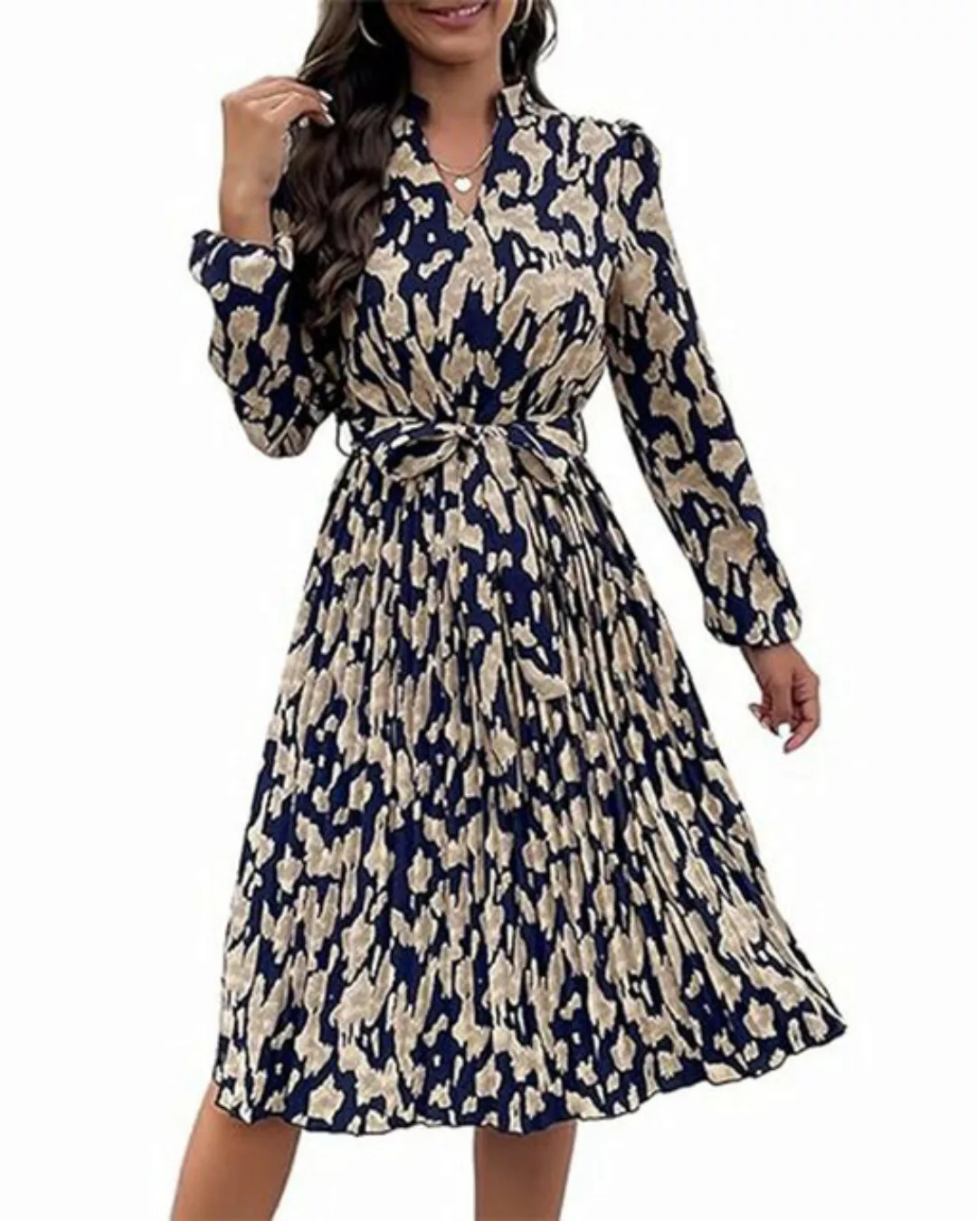 HWCTHFH Dirndl Elegantes, plissiertes Kleid mit bedruckten Ärmeln und V-Aus günstig online kaufen
