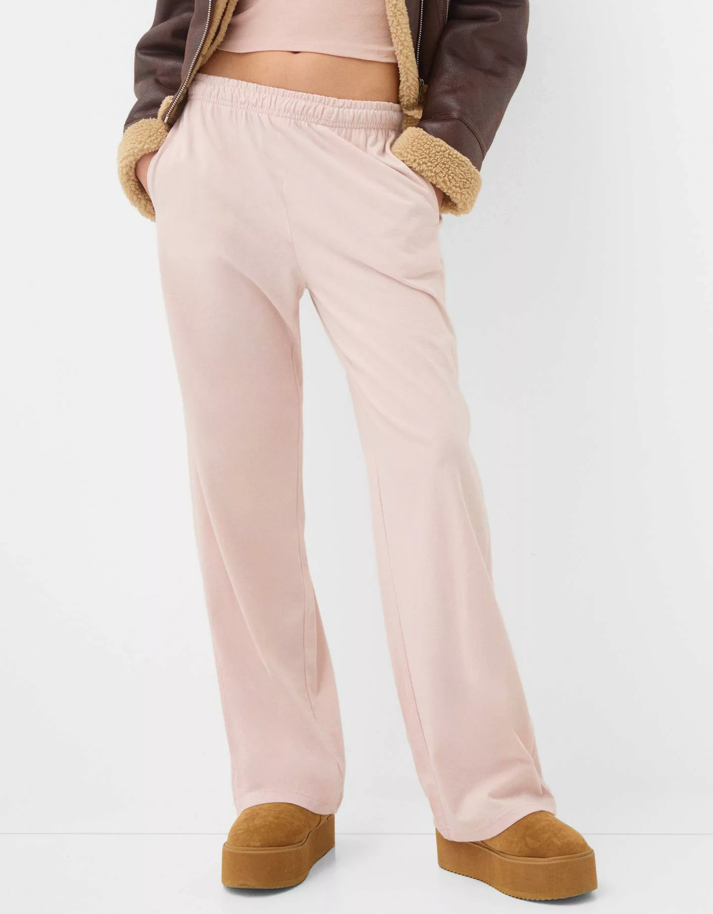 Bershka Straight-Fit-Hose Mit Gummizugbund Damen L Rosa günstig online kaufen