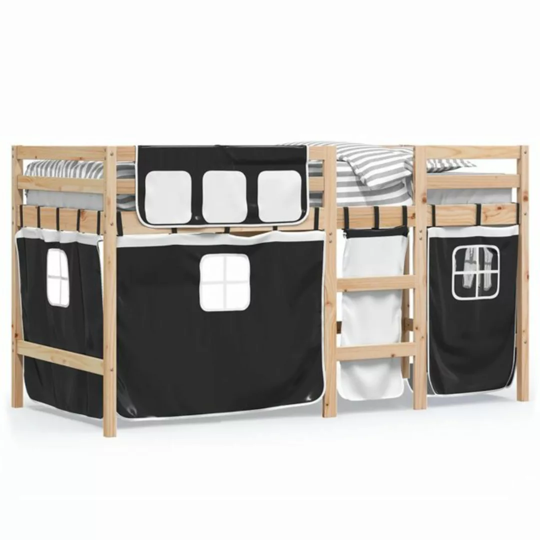 vidaXL Bett Kinderhochbett mit Vorhängen Weiß und Schwarz Massivholz Kiefer günstig online kaufen