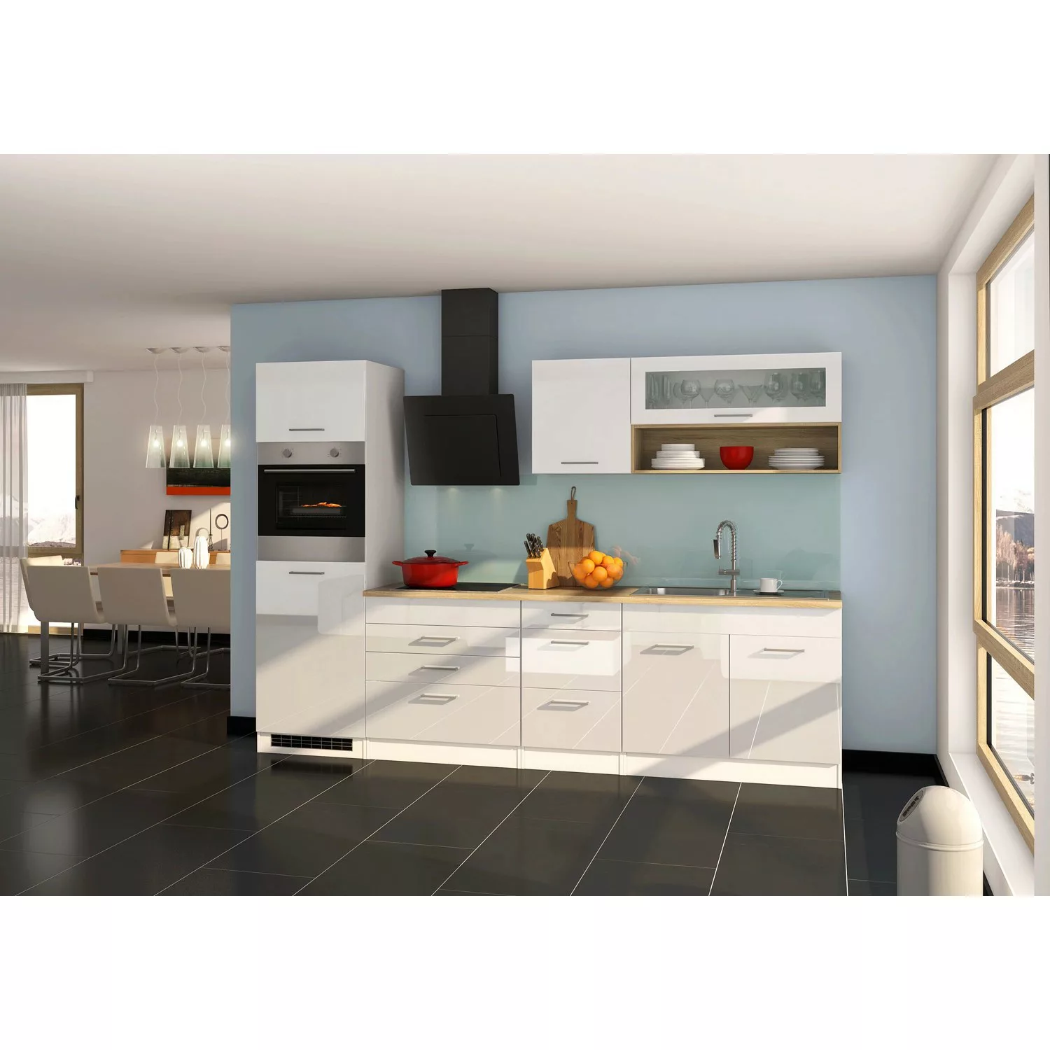 Held Möbel Küchenzeile Mailand 290 cm Weiß Hochglanz-Weiß Matt ohne E-Gerät günstig online kaufen