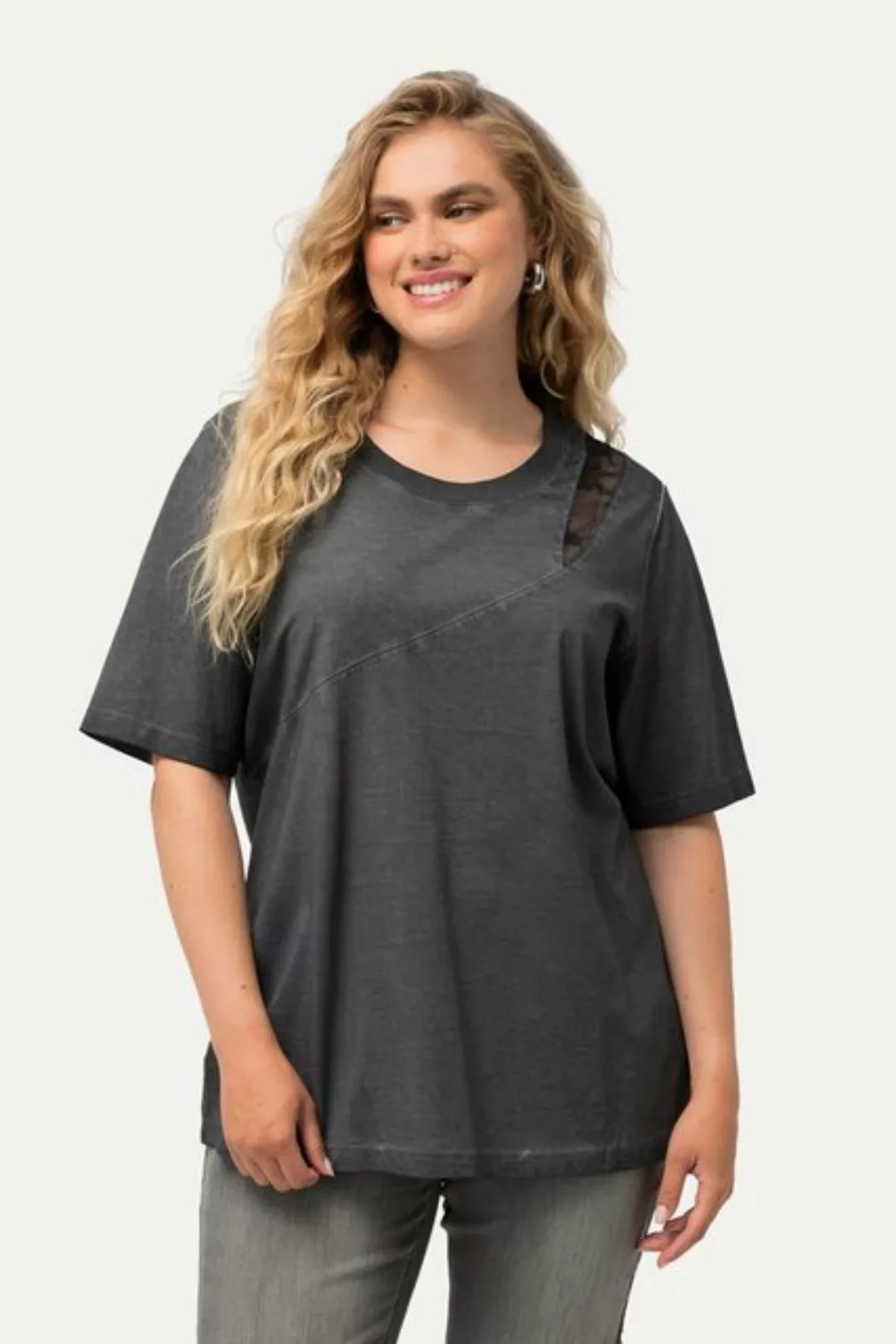 Ulla Popken T-Shirt T-Shirt cold dyed Mesheinsatz Rundhals Langarm günstig online kaufen