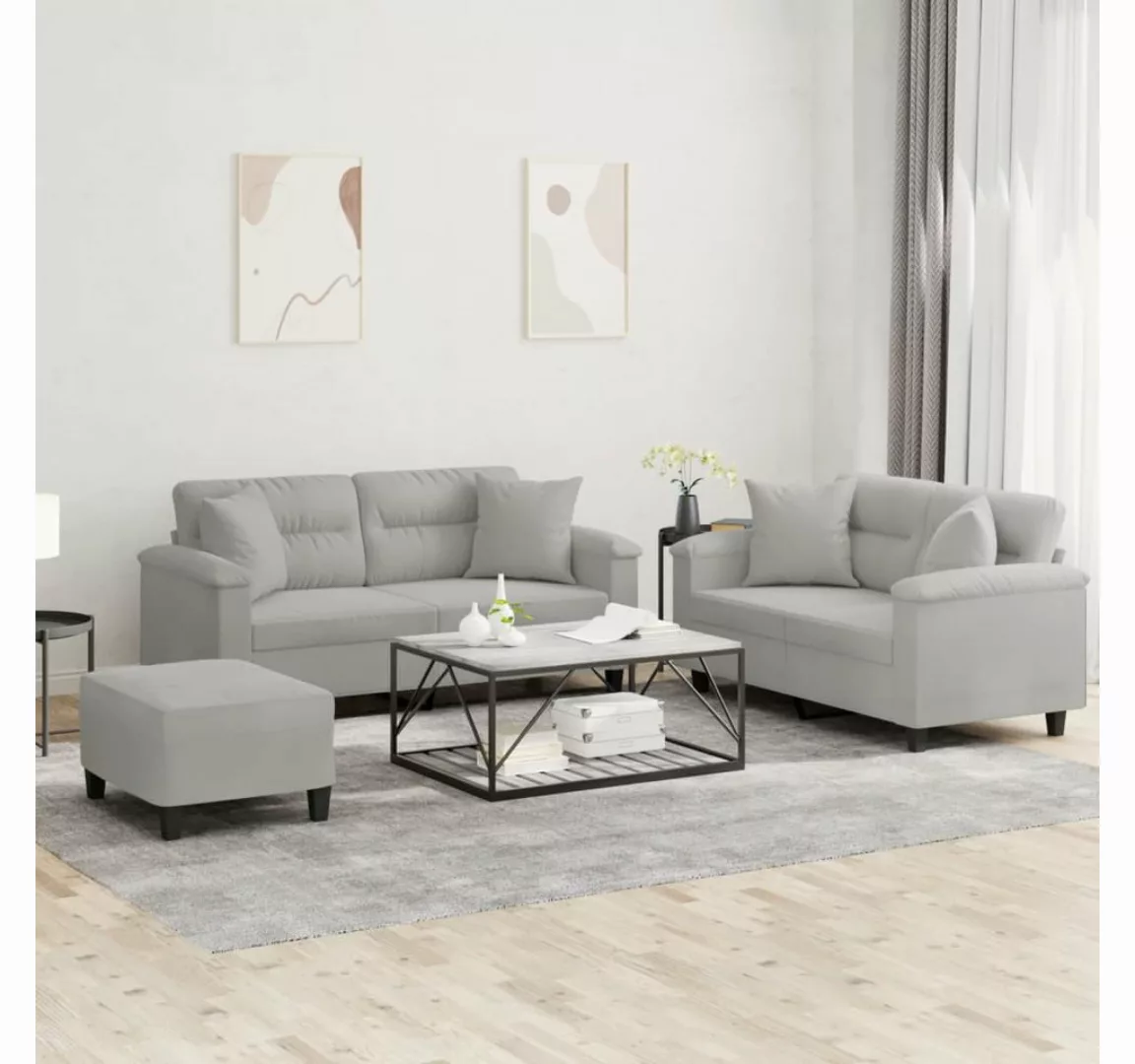 vidaXL Sofa Sofagarnitur Set mit Kissen Mikrofasergewebe, 3-tlg., Hellgrau günstig online kaufen