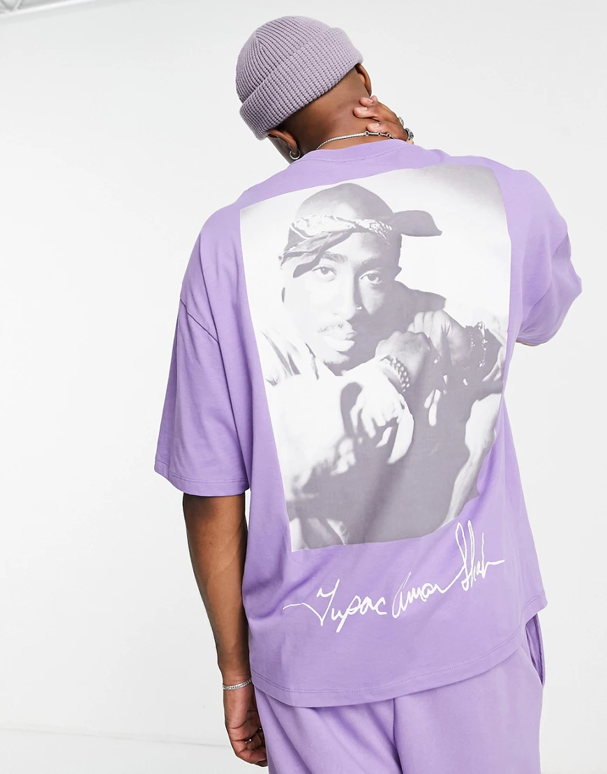 ASOS DESIGN – Oversize-T-Shirt mit Tupac-Print in Lila, Kombiteil-Violett günstig online kaufen