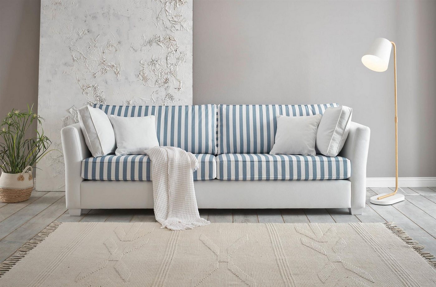 Design-Wohngalerie Sofa Couch Westerland 3 Sitzer - Webstoff Blau/Weiß gest günstig online kaufen