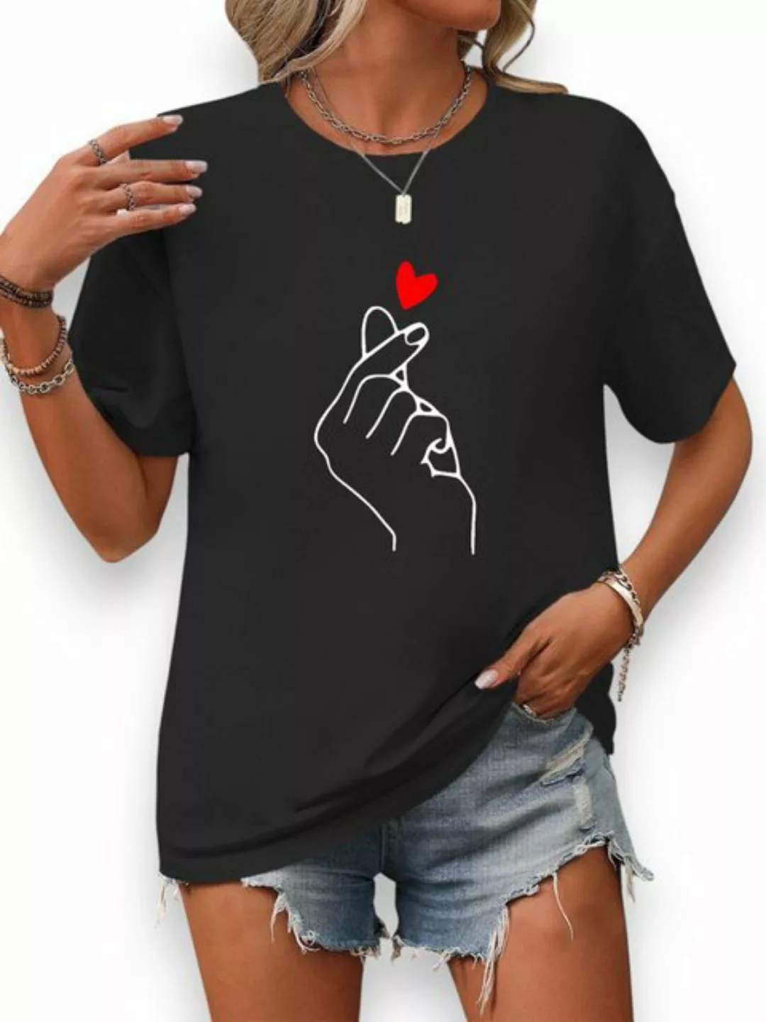 PYL T-Shirt Damen Sommer Casual Valentinstag T-Shirt mit Liebe Print Tee günstig online kaufen