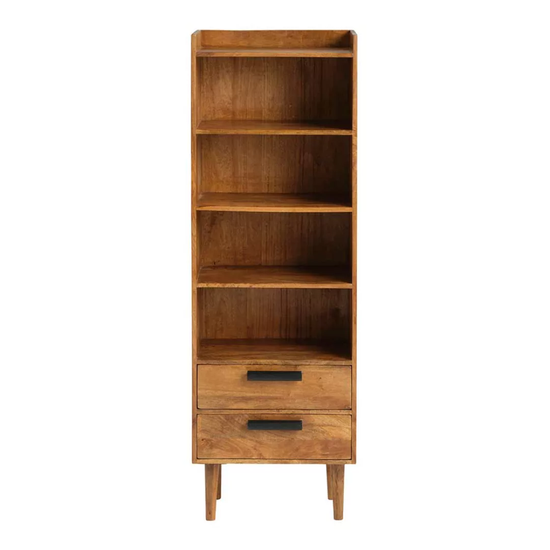 Bücherregal massiv Holz in Cognac Braun zwei Schubladen günstig online kaufen