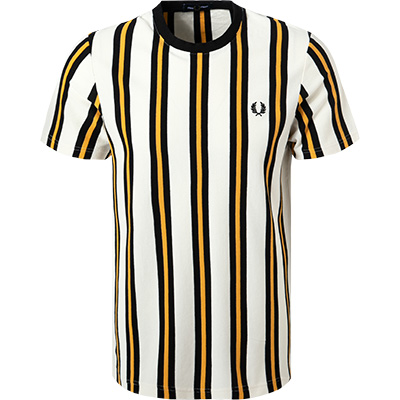 Fred Perry – T-Shirt mit vertikalen Streifen in Gelb/Ecru-Weiß günstig online kaufen