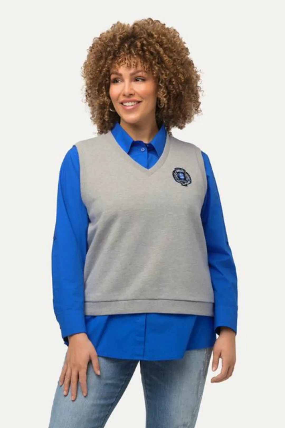 Ulla Popken Sweatshirt Sweat-Pullunder College-Patch V-Ausschnitt günstig online kaufen