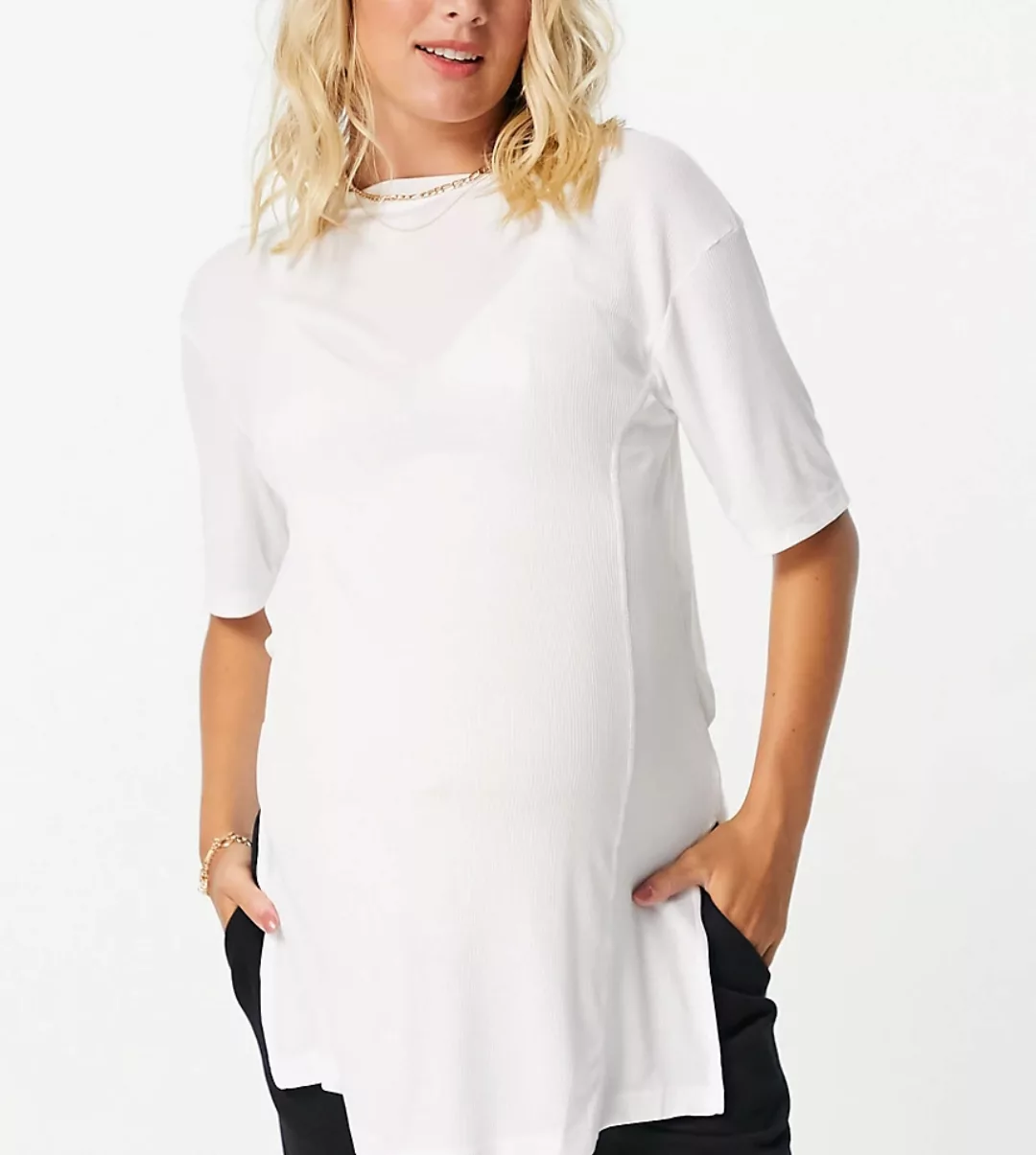 ASOS DESIGN Maternity – Geripptes Oversize-T-Shirt in Weiß mit seitlichem S günstig online kaufen