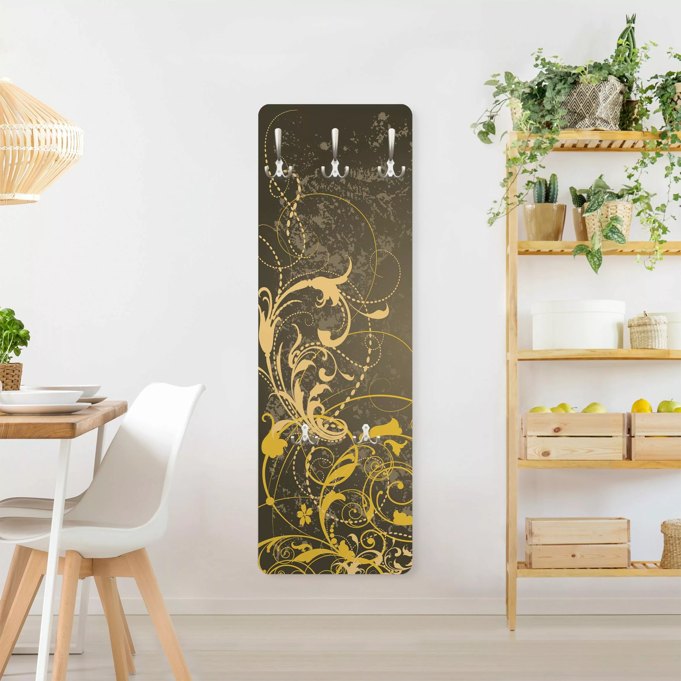 Wandgarderobe Holzpaneel Muster & Textur Schnörkel in Gold günstig online kaufen