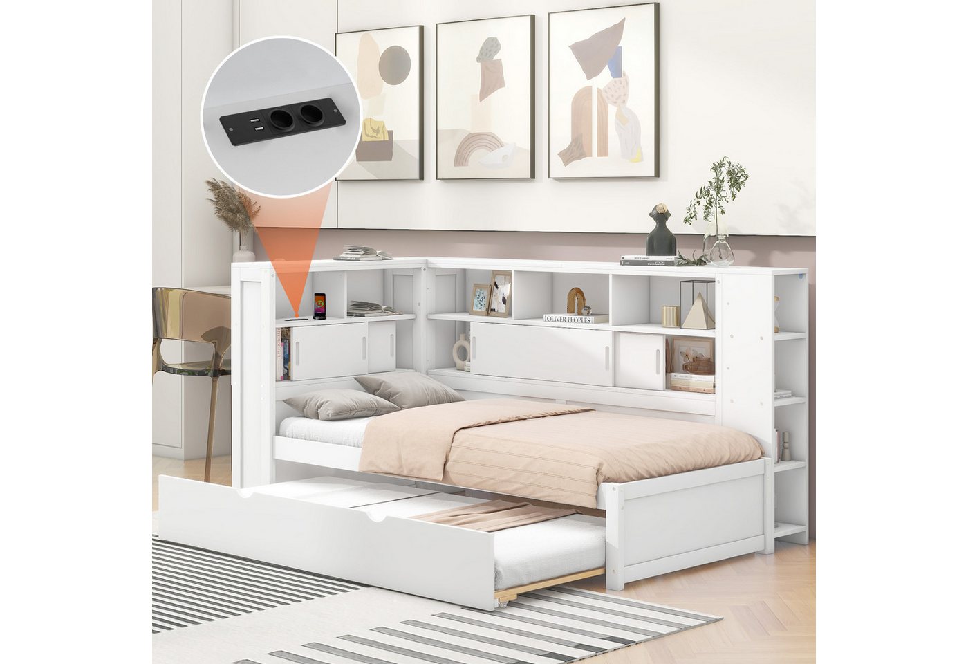 OKWISH Stauraumbett Kinderbett mit Ausziehbett, mit Staufach mit USB (90x20 günstig online kaufen