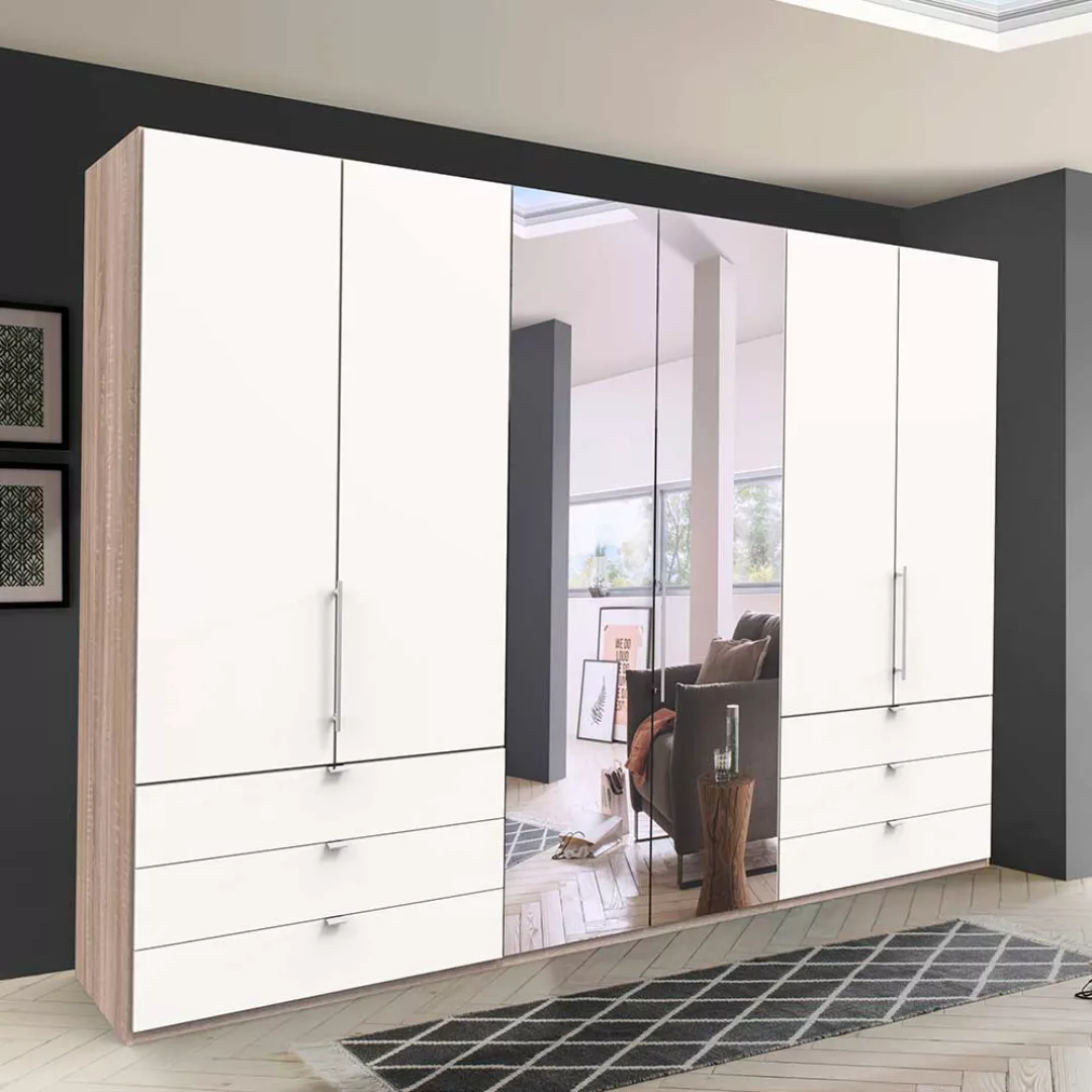 Schlafzimmerschrank mit Spiegel Falttüren und Schubladen glasbeschichtet günstig online kaufen
